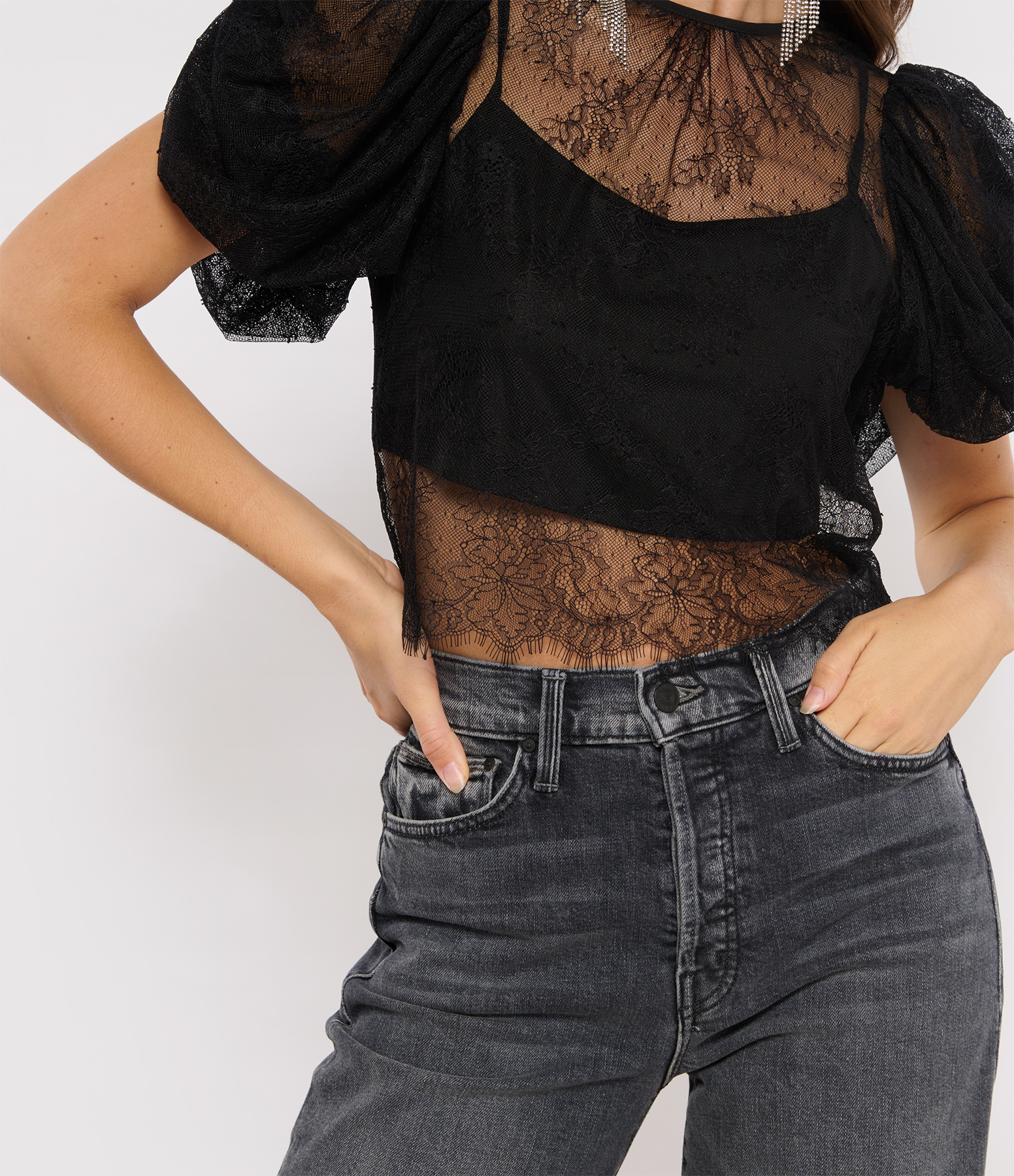 Black Lace Puff-Sleeve Top