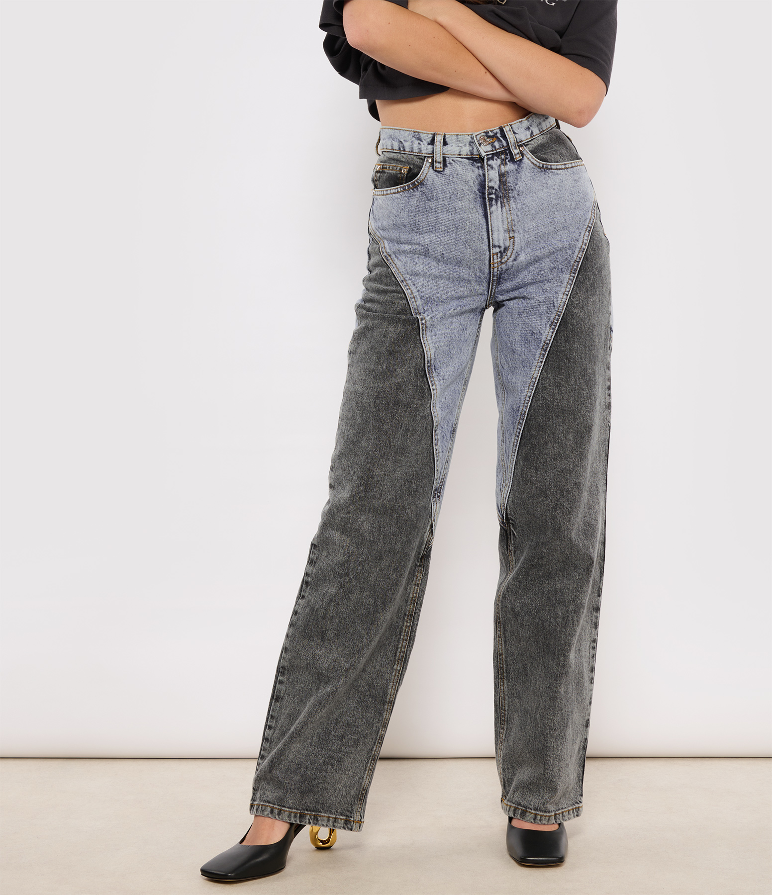 Straight-leg Patchwork Jeans in Medium Blue Denim