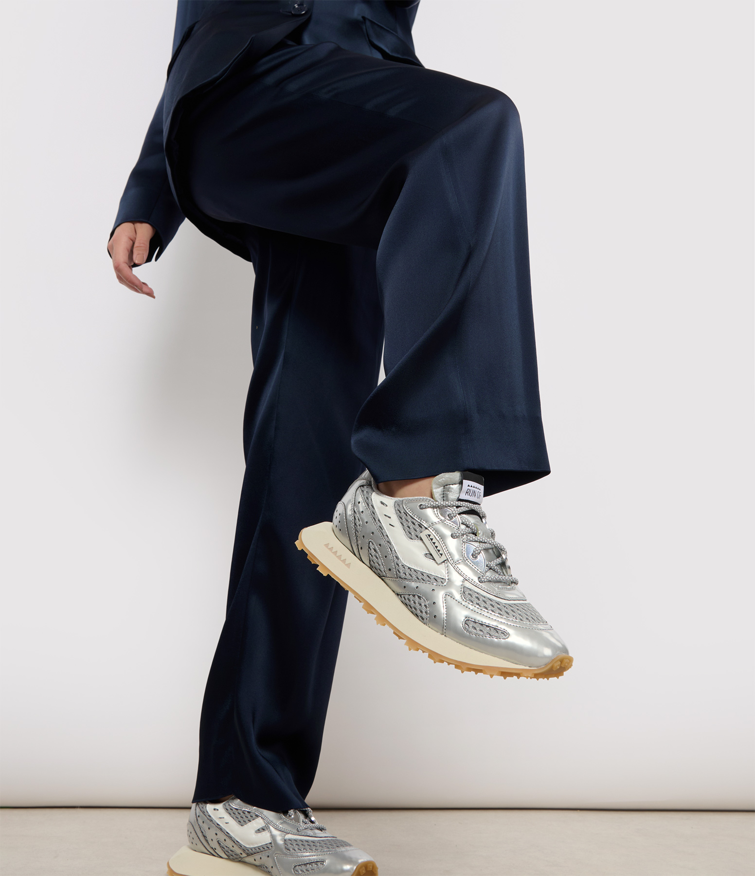 Silver Satin and Leather Trainers