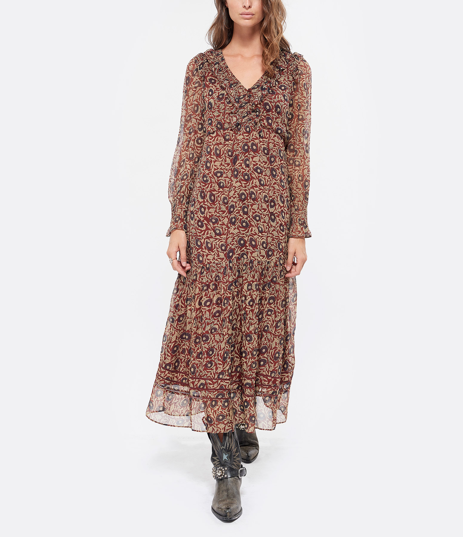 Long Dress with Brick-Coloured Floral Print