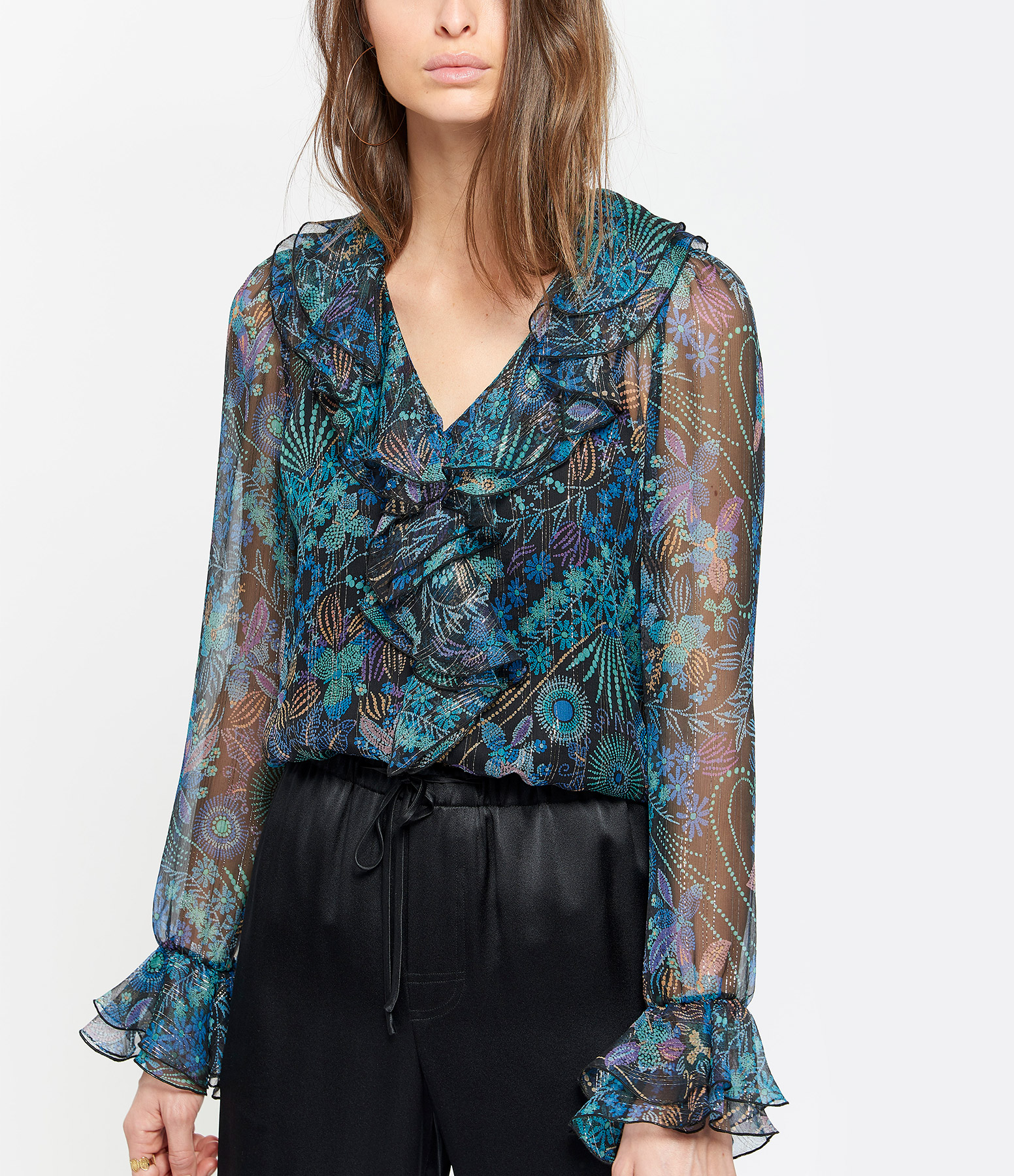 Blue Printed Lurex Sheer Blouse