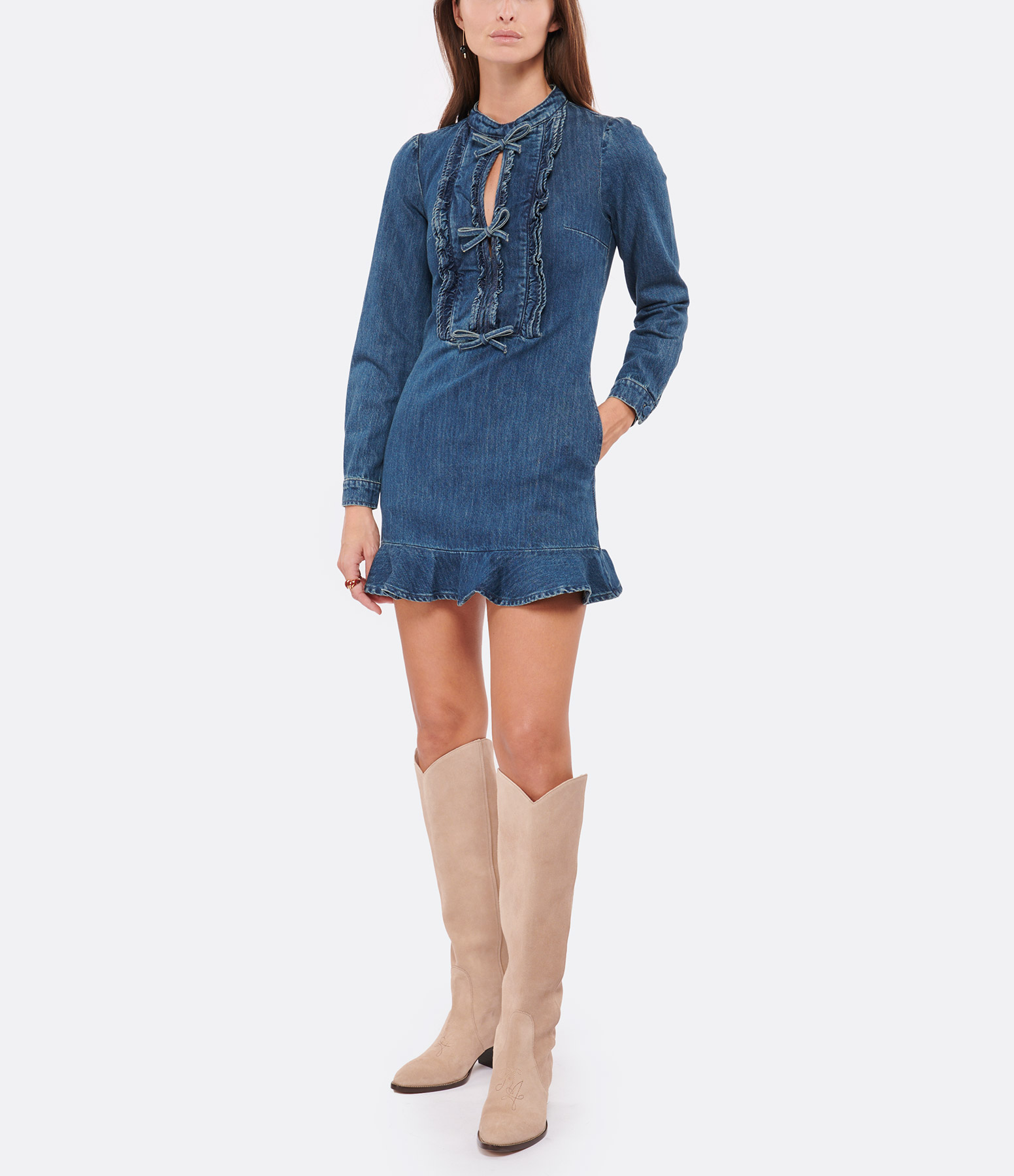 Blue Denim Mini Ruffled Dress