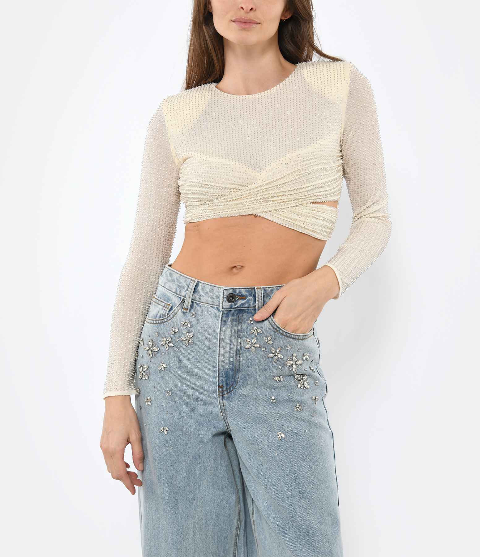 Cream Beaded Mesh Top