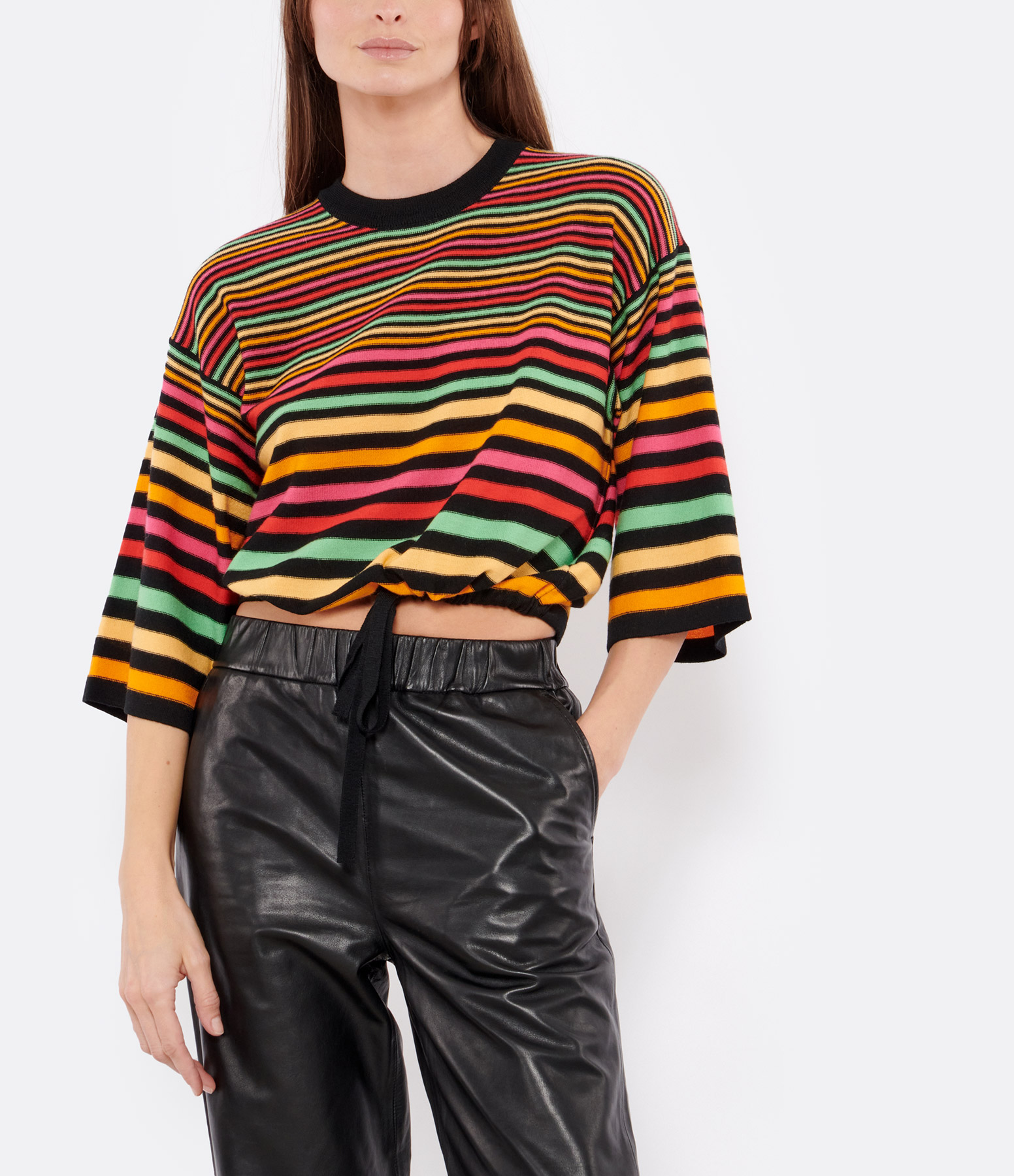 Multicoloured Striped Short-Sleeved Drawstring Jumper