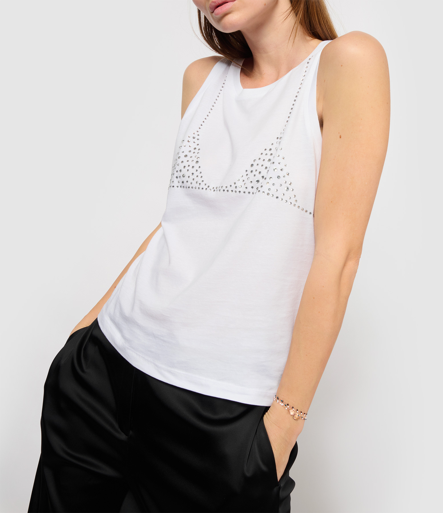 White Trompe L'Oeil Rhinestone Tank Top