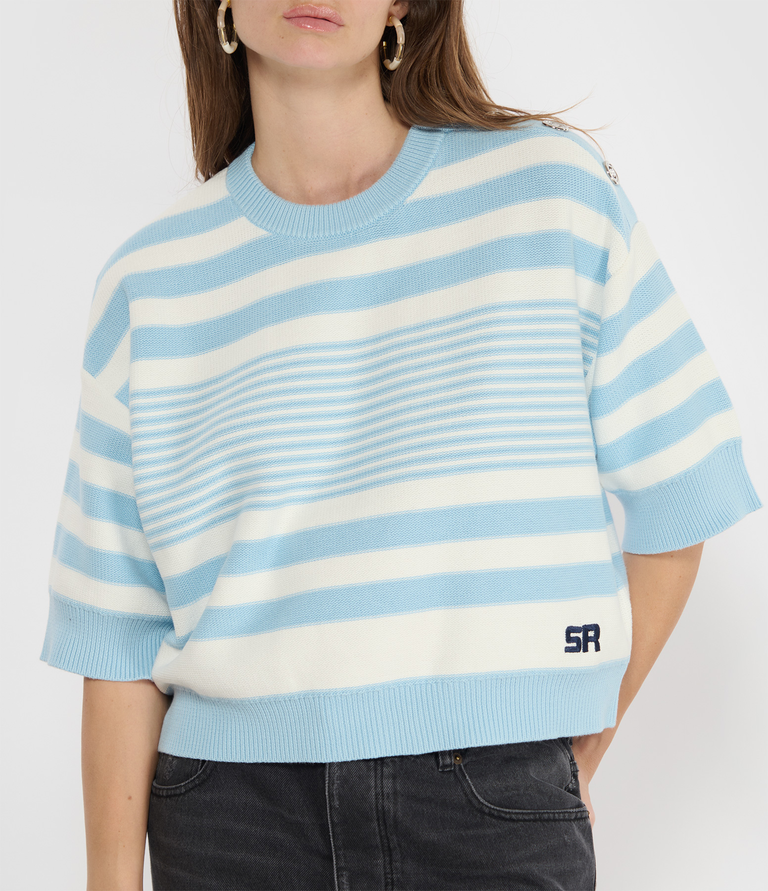 Blue and White Striped Short-Sleeved Jumper