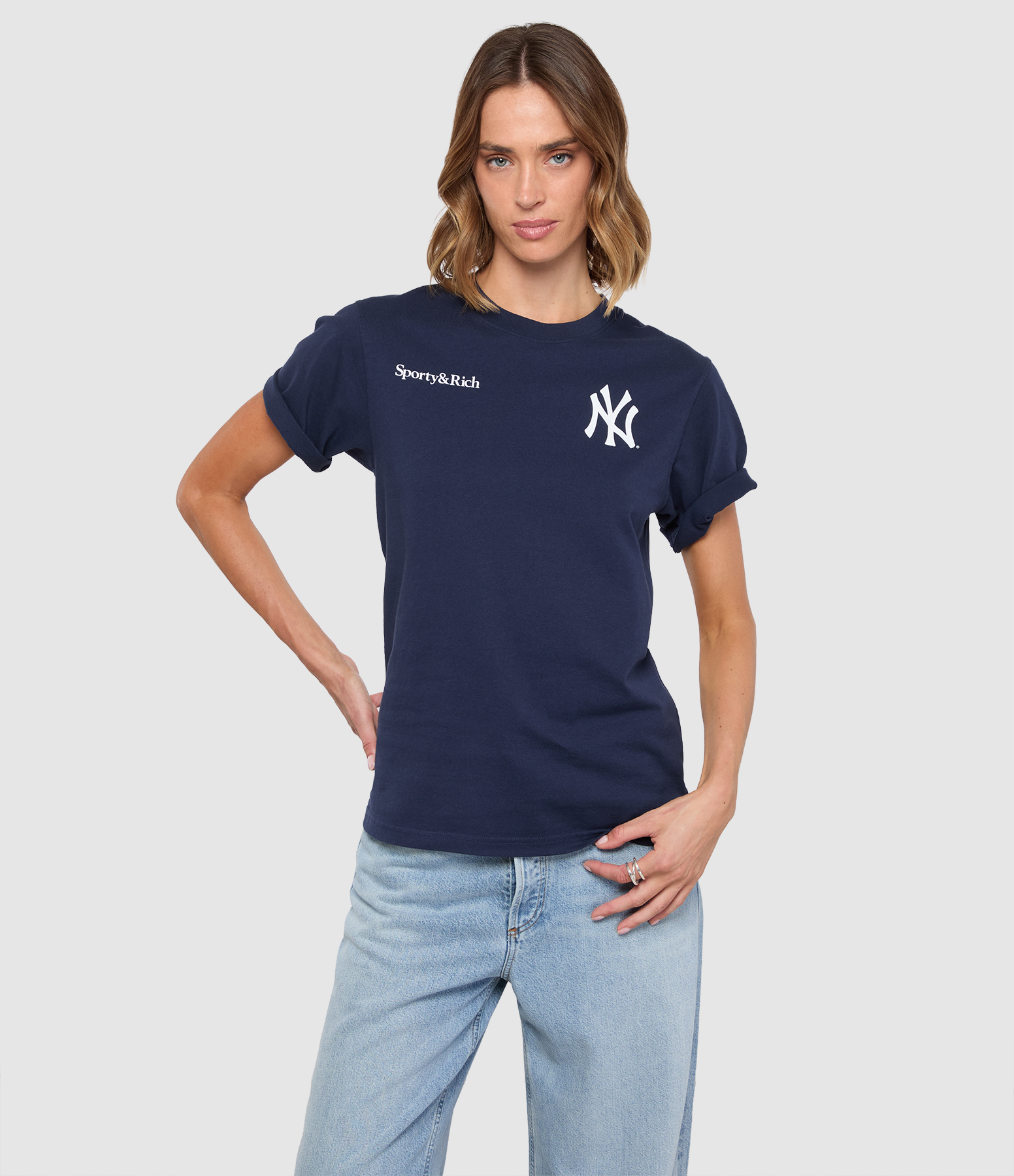Yankees Arch Dark Navy White T-shirt, Sporty & Rich x 47Brand collaboration