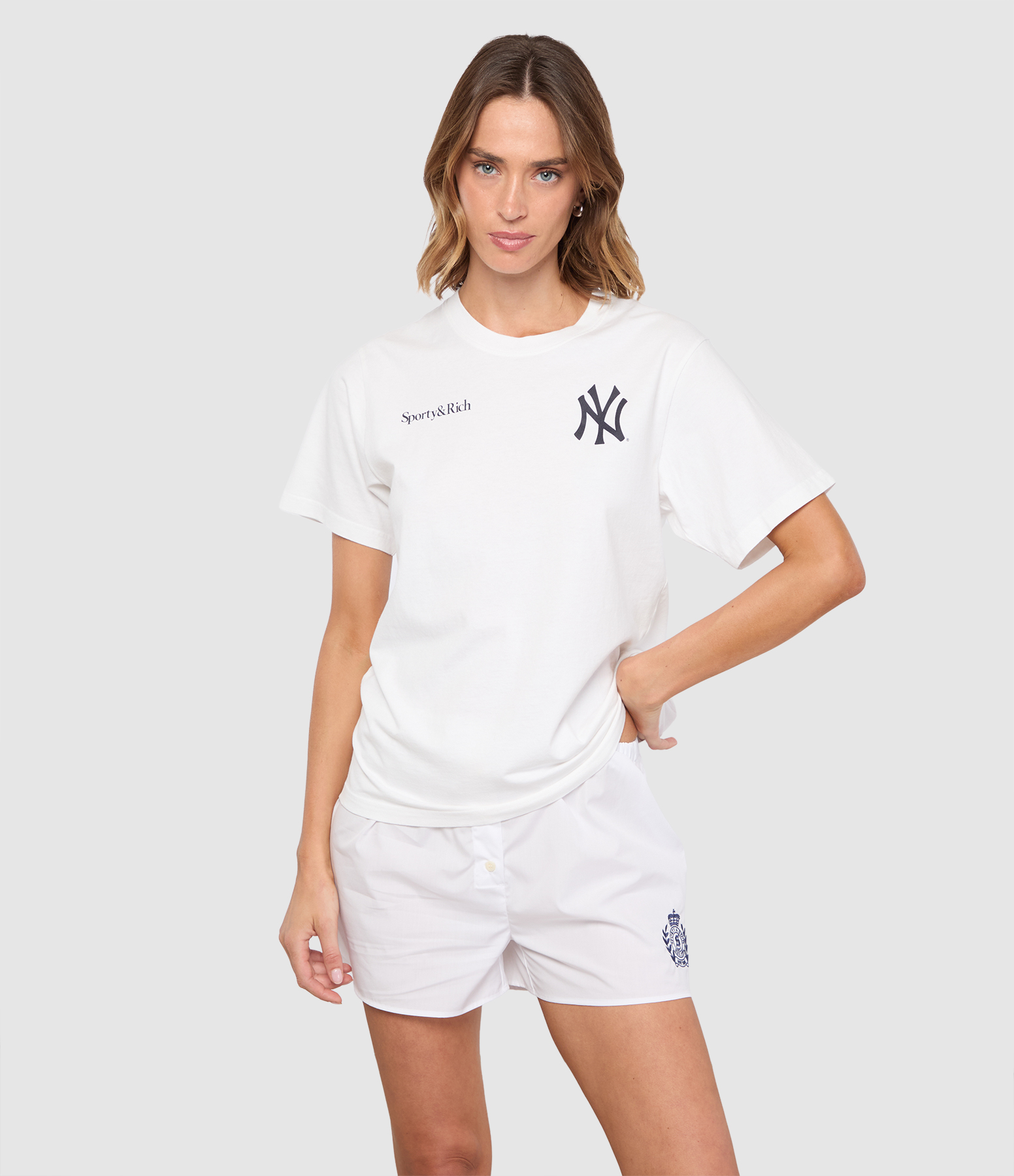 Yankees Arch White Dark Navy T-shirt, Sporty & Rich x 47Brand collaboration