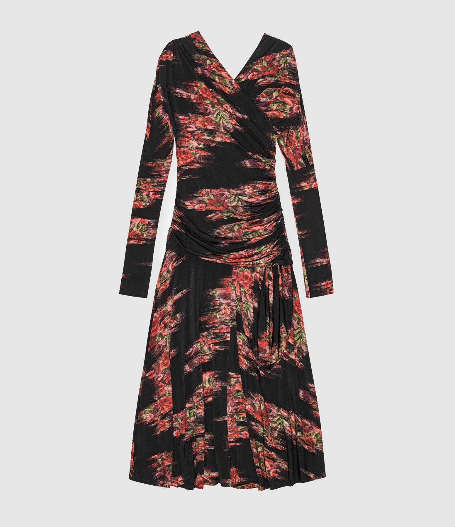 Long Printed Shiny Jersey Ruched Black Dress