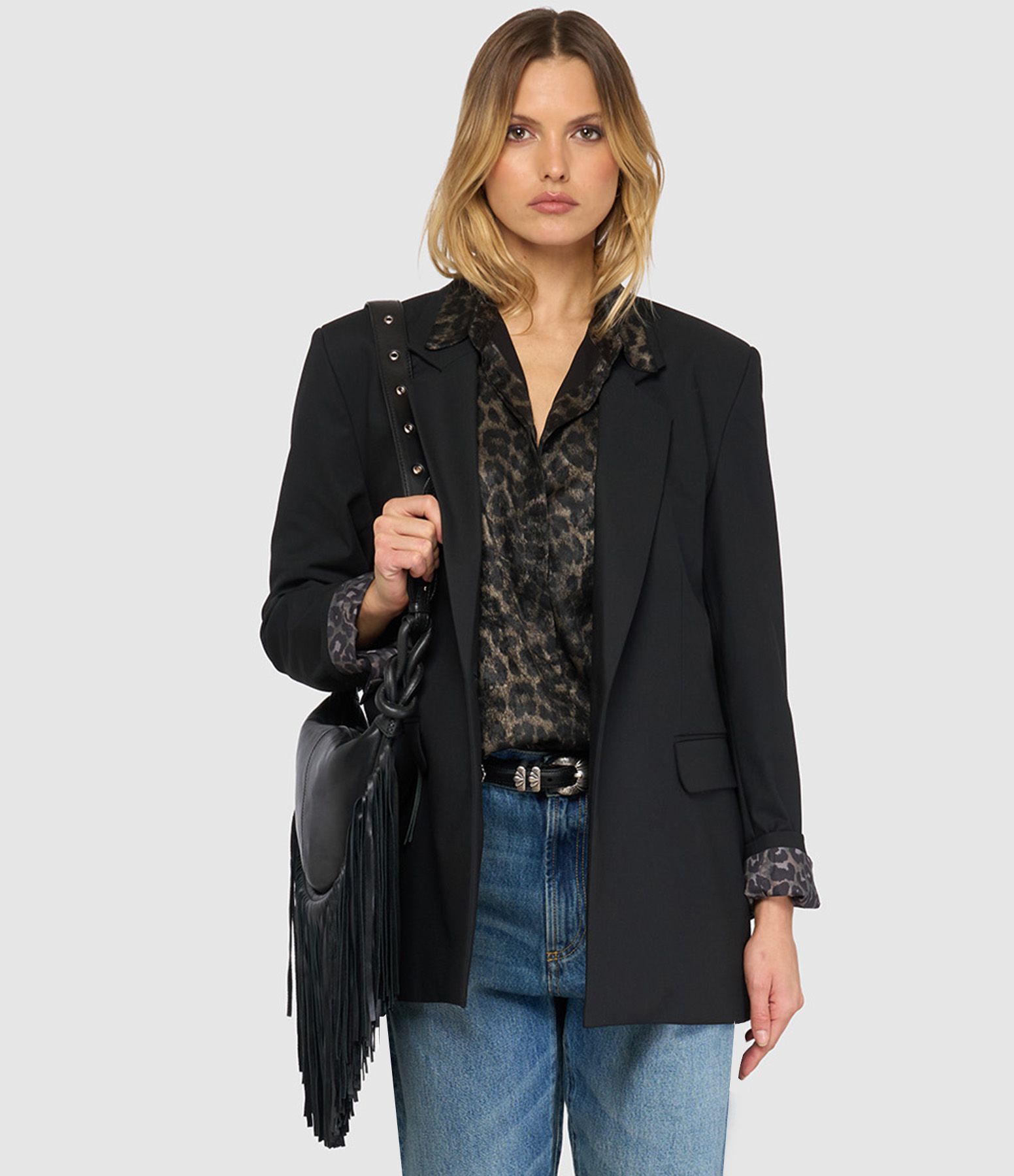 Black and Pink Blazer with Khaki Leopard-Print Lining