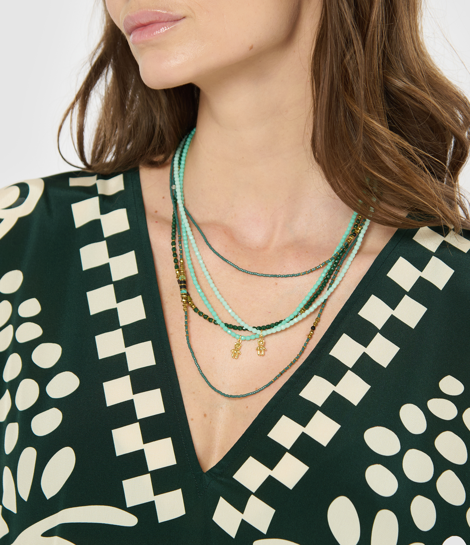 Doudou Dede Necklace and 3-Strand Bracelet, Mint Green, 49 cm