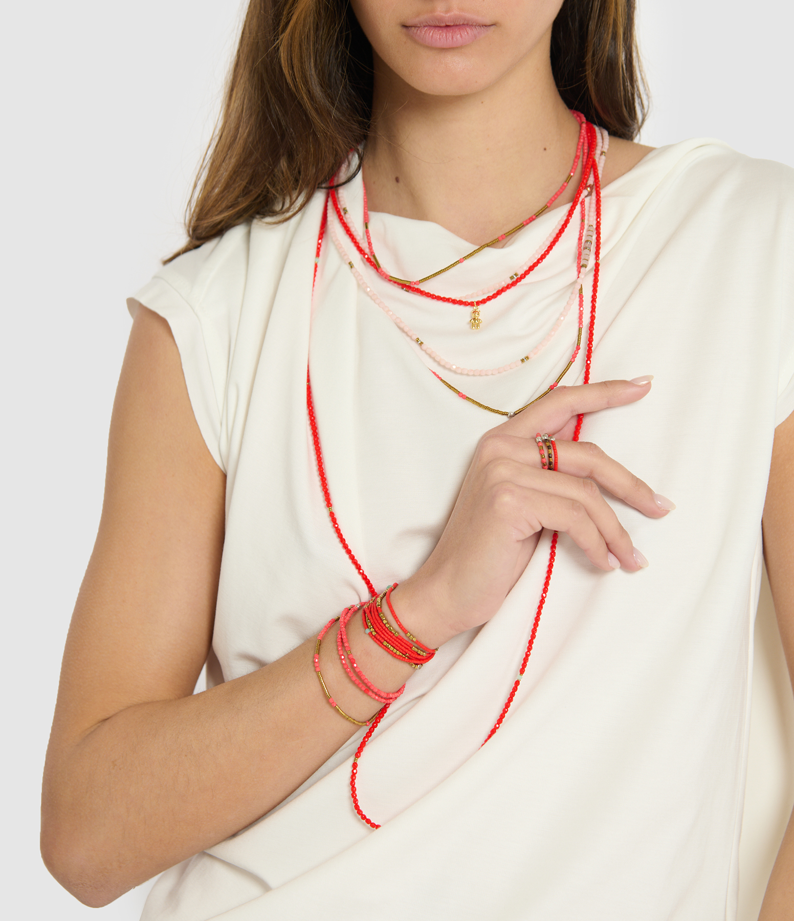 Colette 3 Red 3-strand Necklace and Bracelet, 49 cm