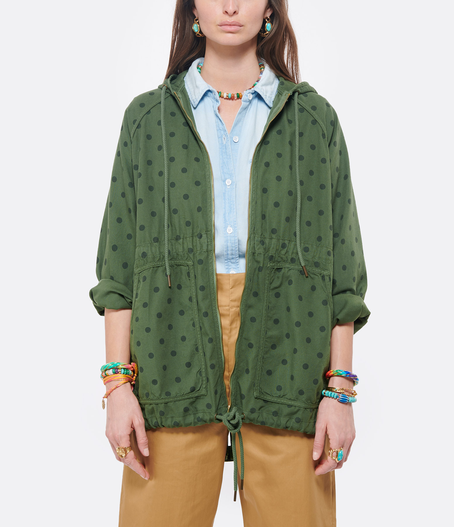 The Long Polka Cotton Jacket in Army Green