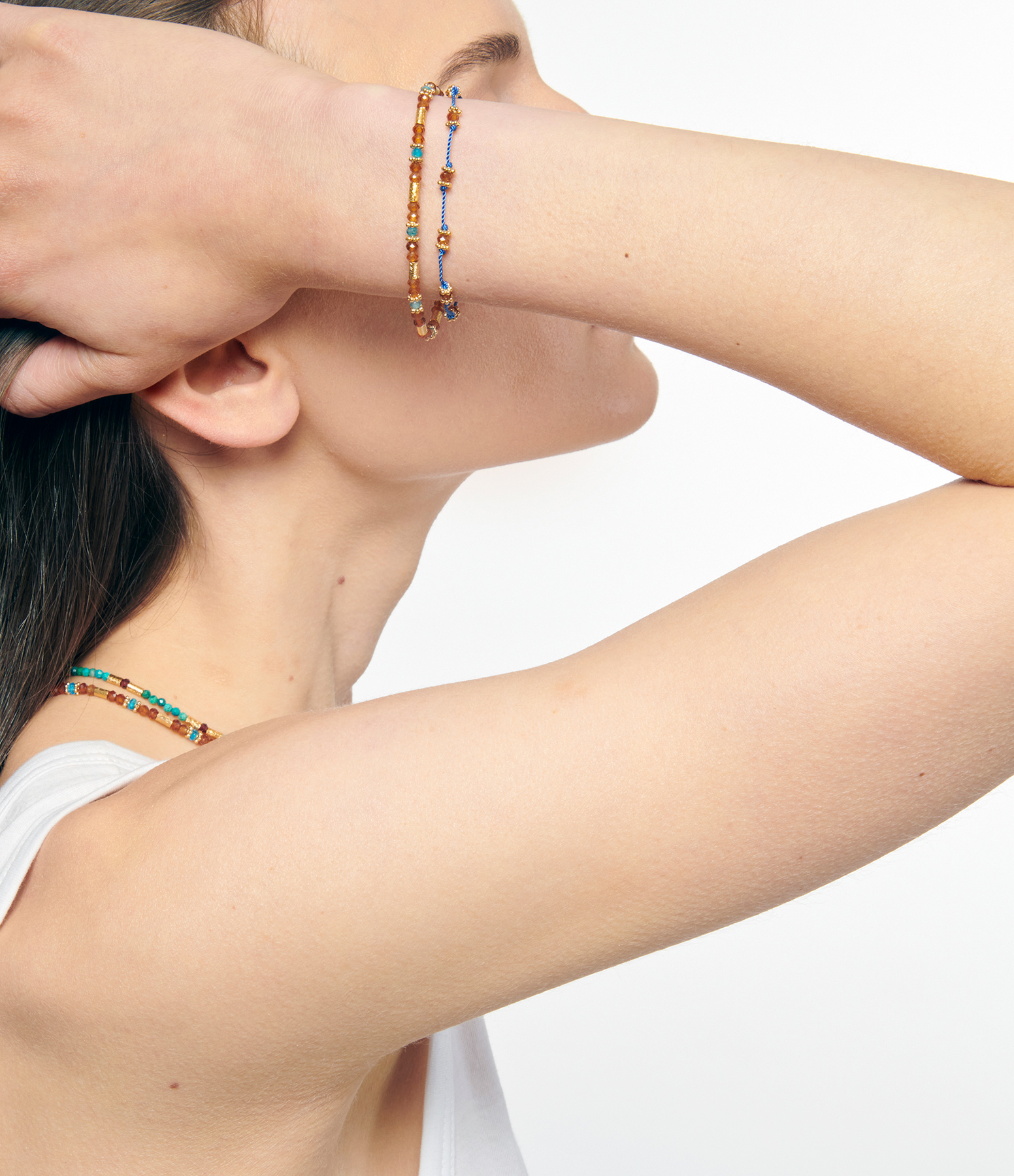 Blue Lotus, Hessonite Garnet and Gold-Plated Silver Bracelet