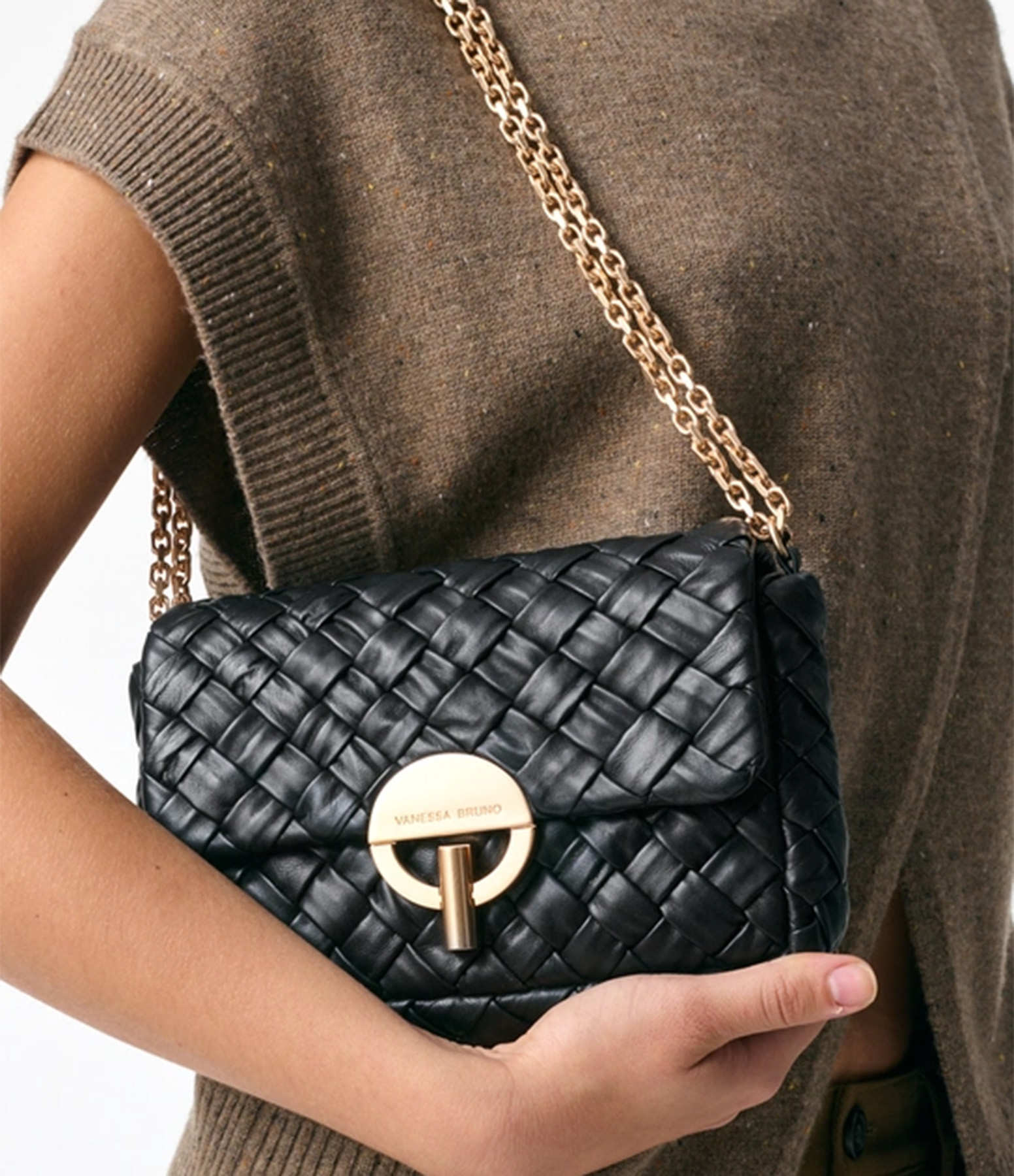 Medium Moon Bag in Black Braided Leather