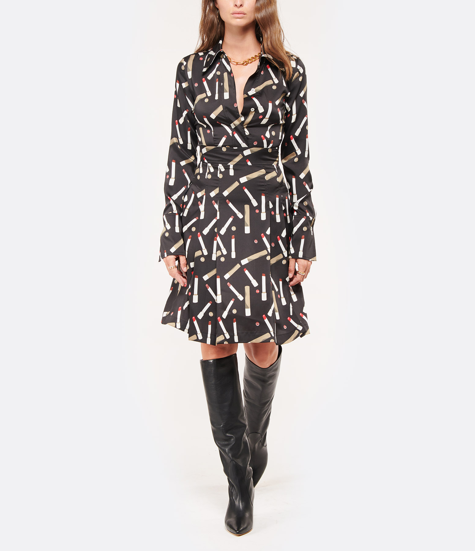 Black Recycled Shirt Dress with Lipstick Print