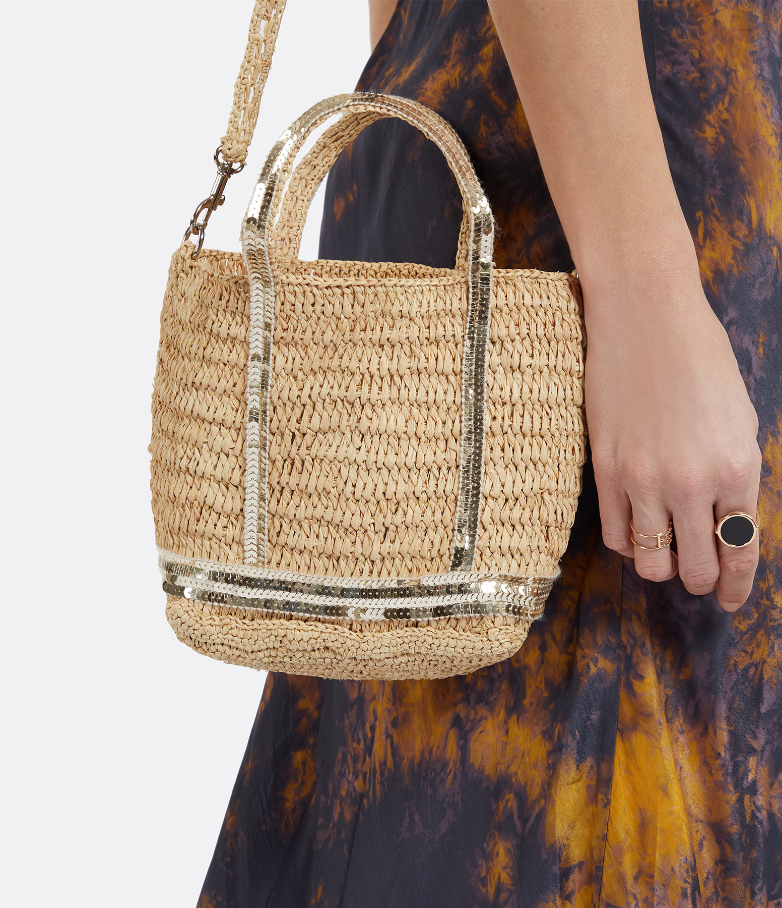 Raphia XS Tote Bag with Gold Shoulder Strap