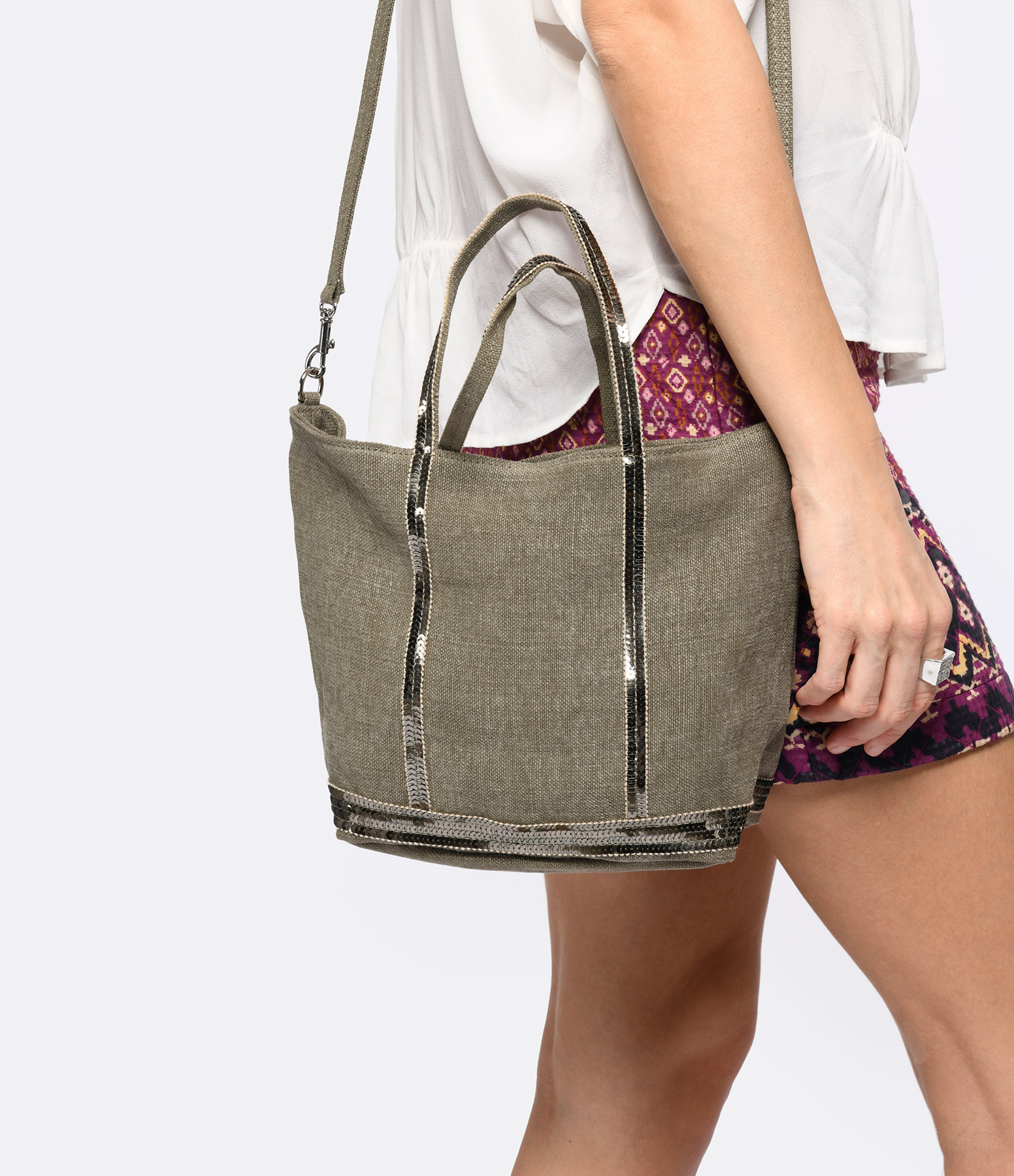 Khaki S Linen Zipped Tote Bag