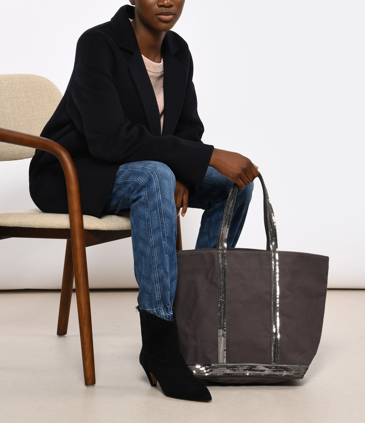 L-Size Canvas Tote Bag with Zip, Anthracite