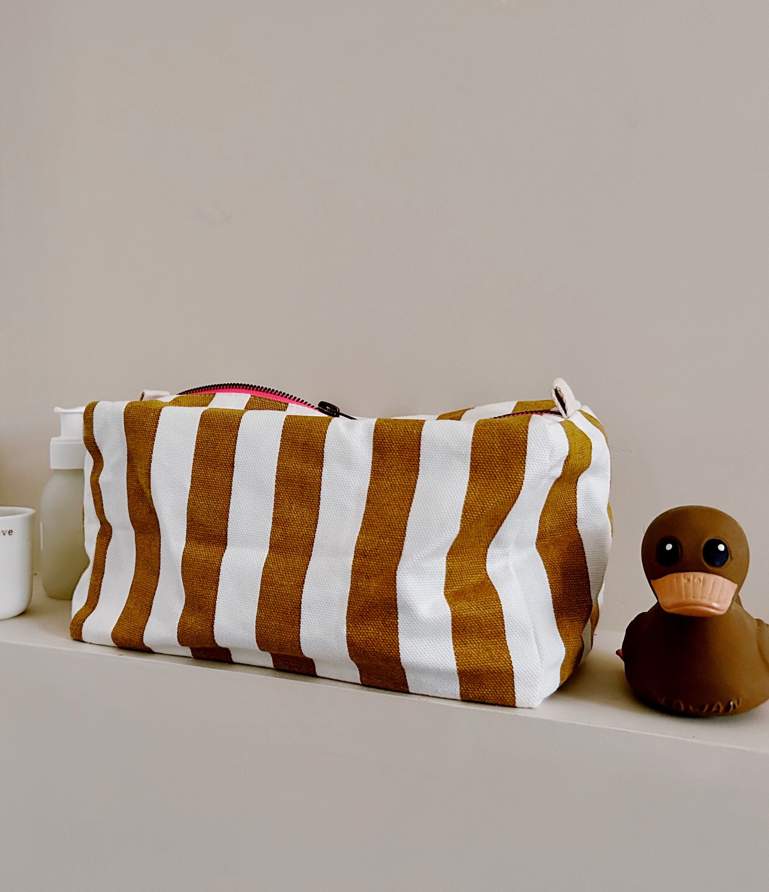 Vic Striped Pencil Case – Ecru and Caramel