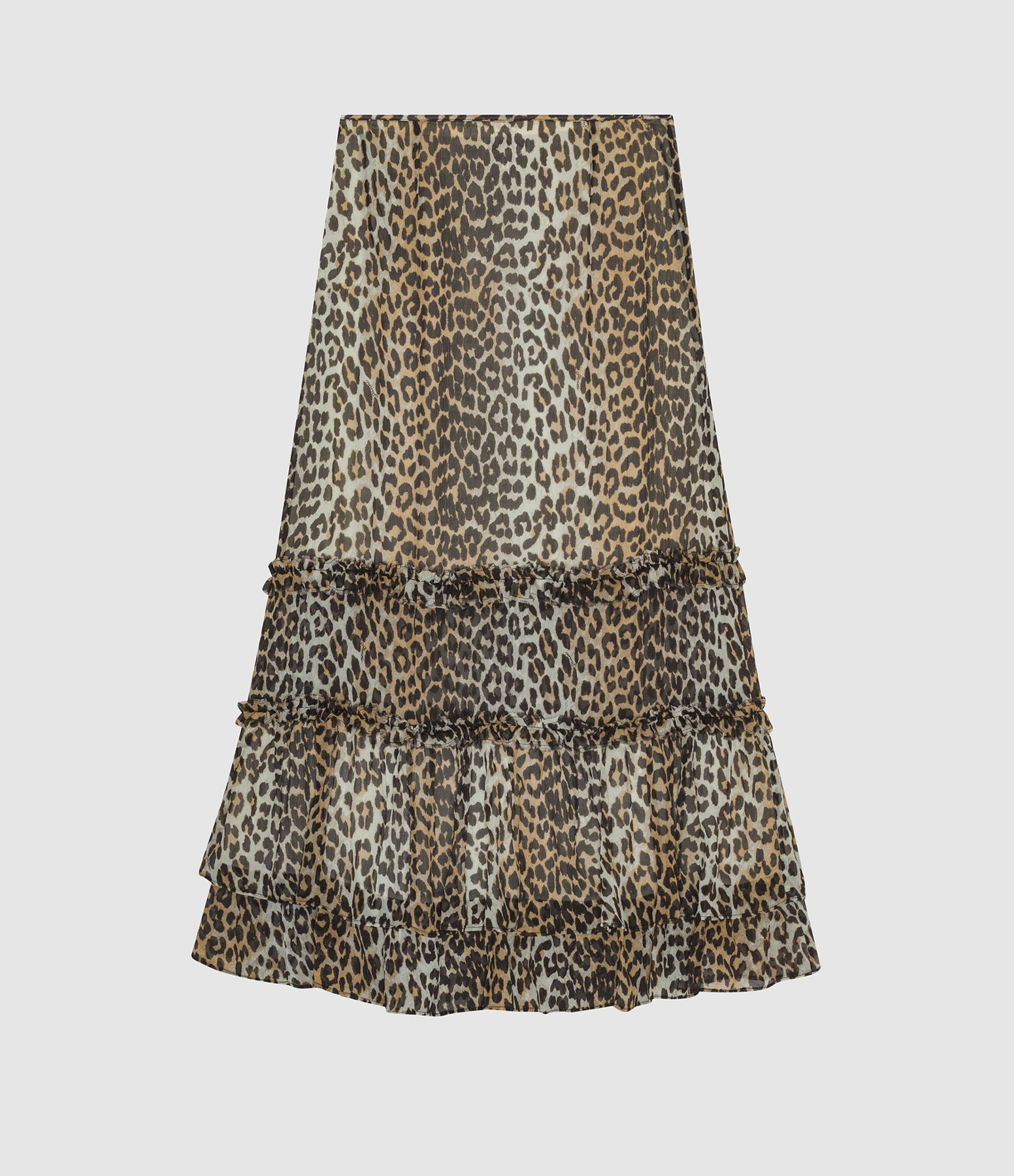 Long Ruffle Leopard-Print Viscose Chiffon Skirt