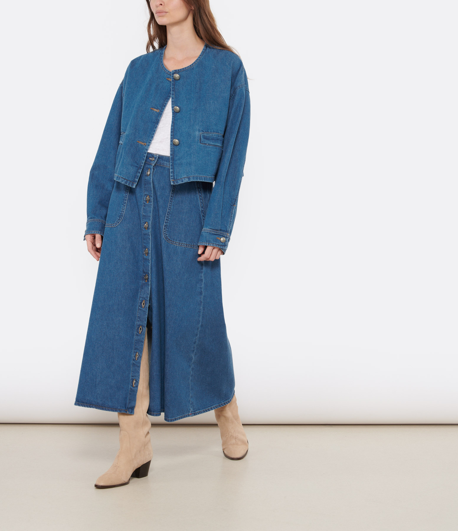 Gerri Long Cotton Denim Skirt in a Nautical Print