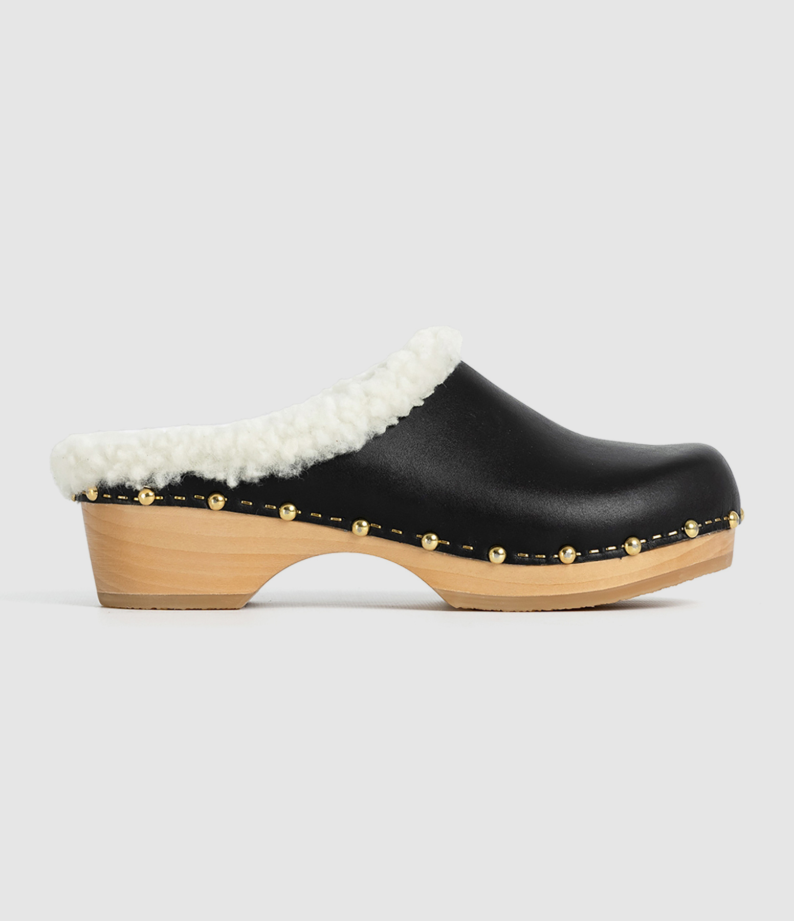 Yce Wood and Black Leather Clogs