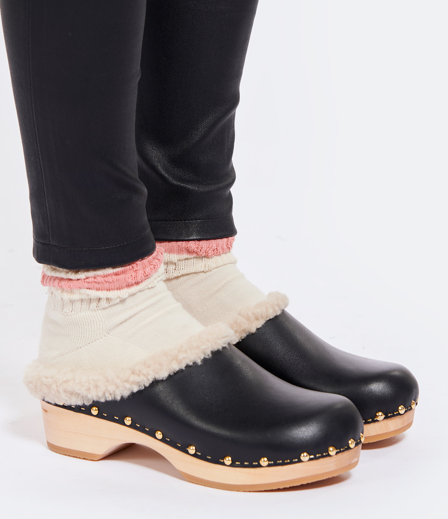 Yce Wood and Black Leather Clogs