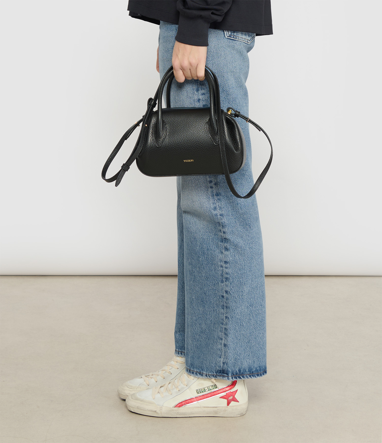 Black Grained Leather Oyster Mini Duffle Bag