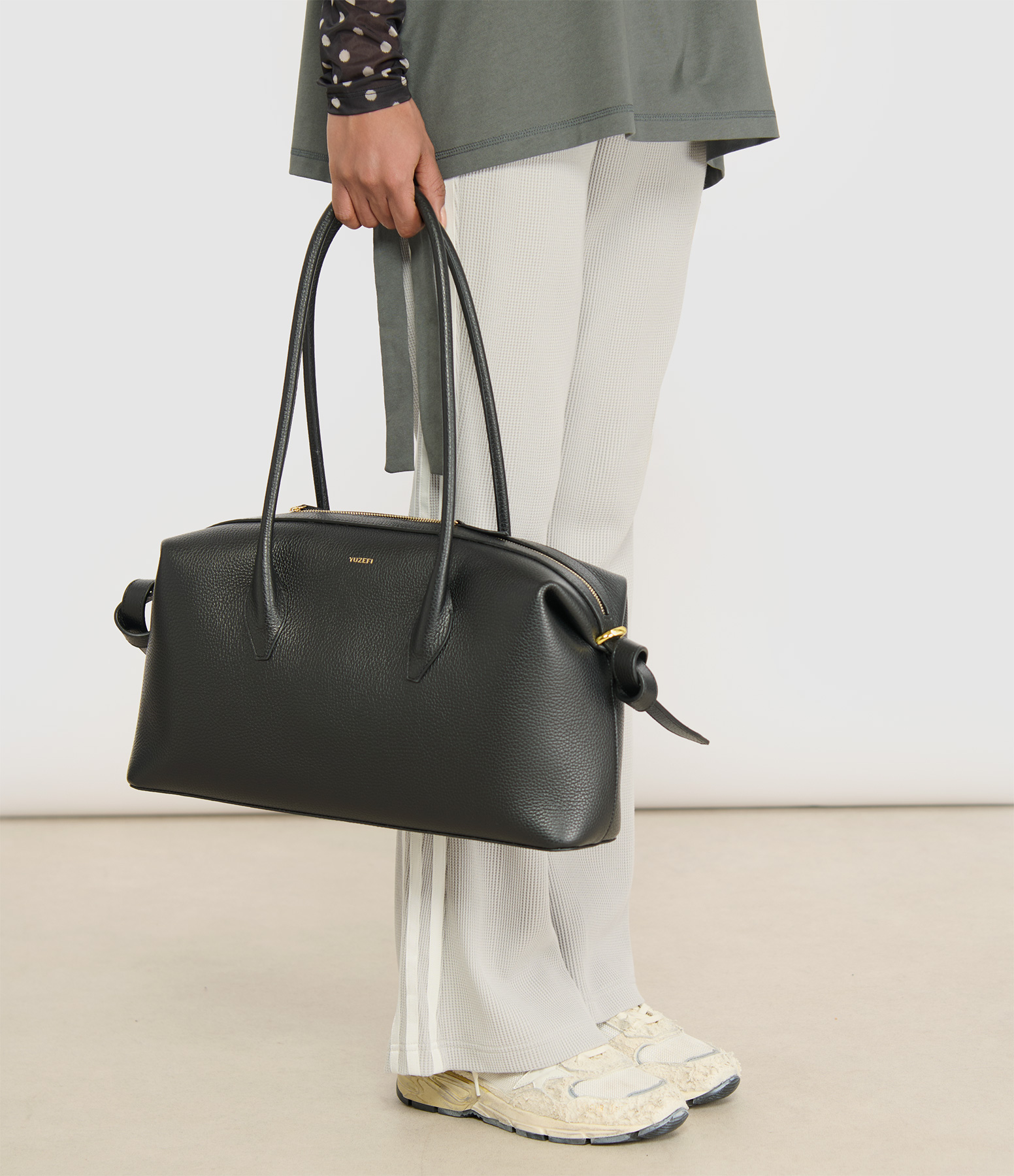 Black Grained Leather Brioche Duffle Bag