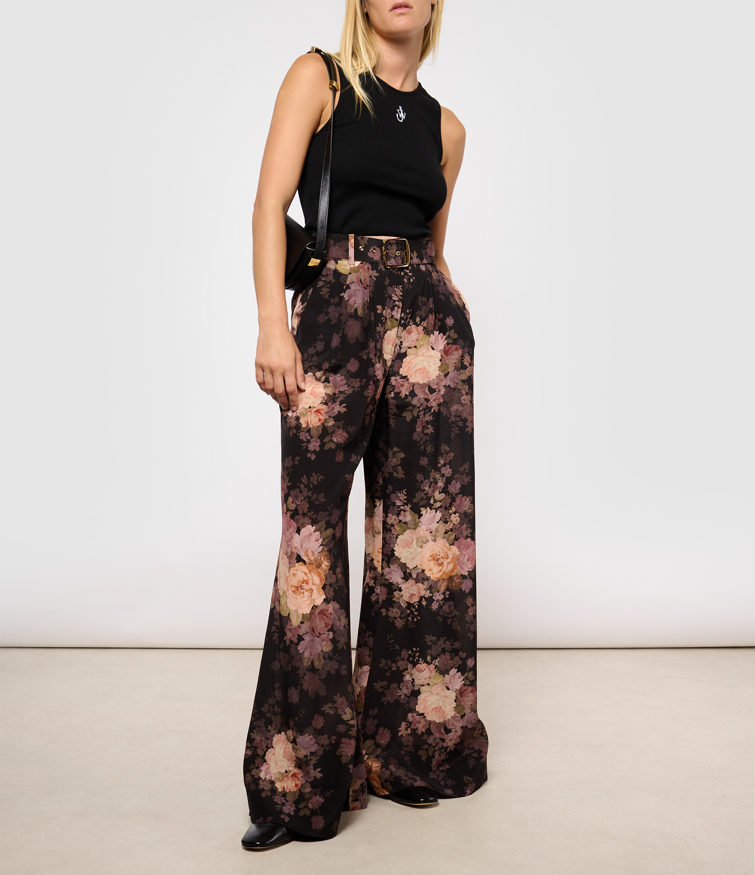 Tuck Black Rococo Floral Print Trousers