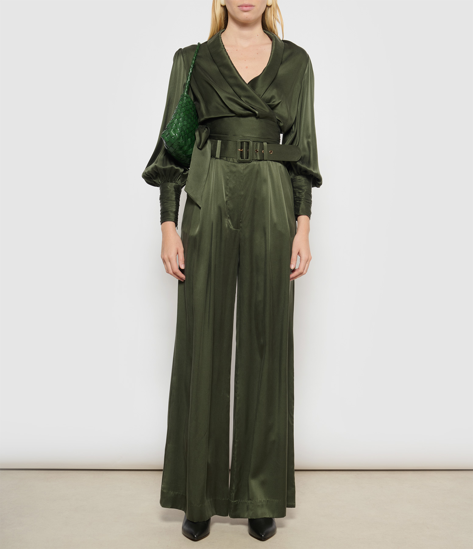 Dark Green Silk Tuck Trousers