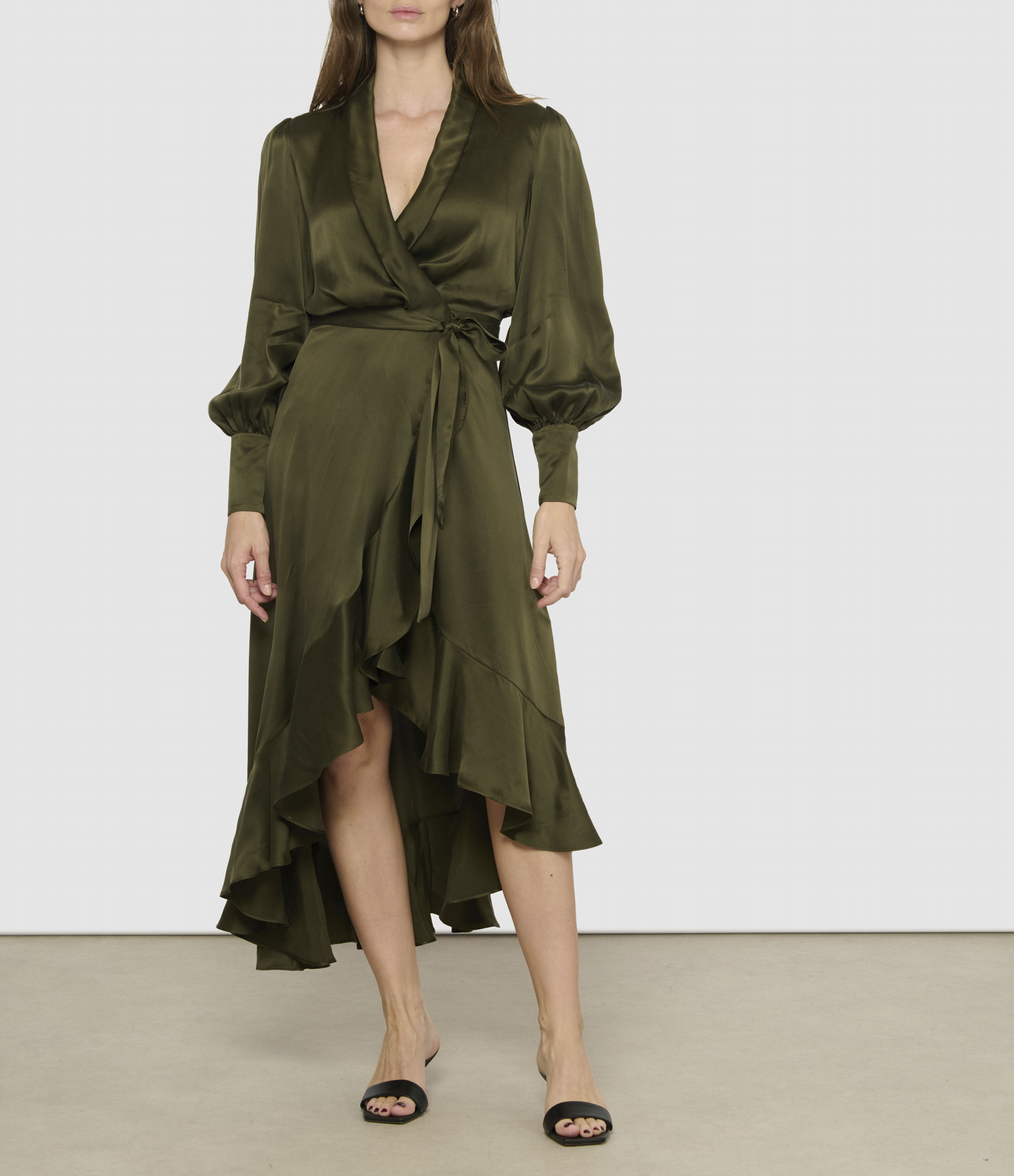 Dark Olive Silk Wrap Dress