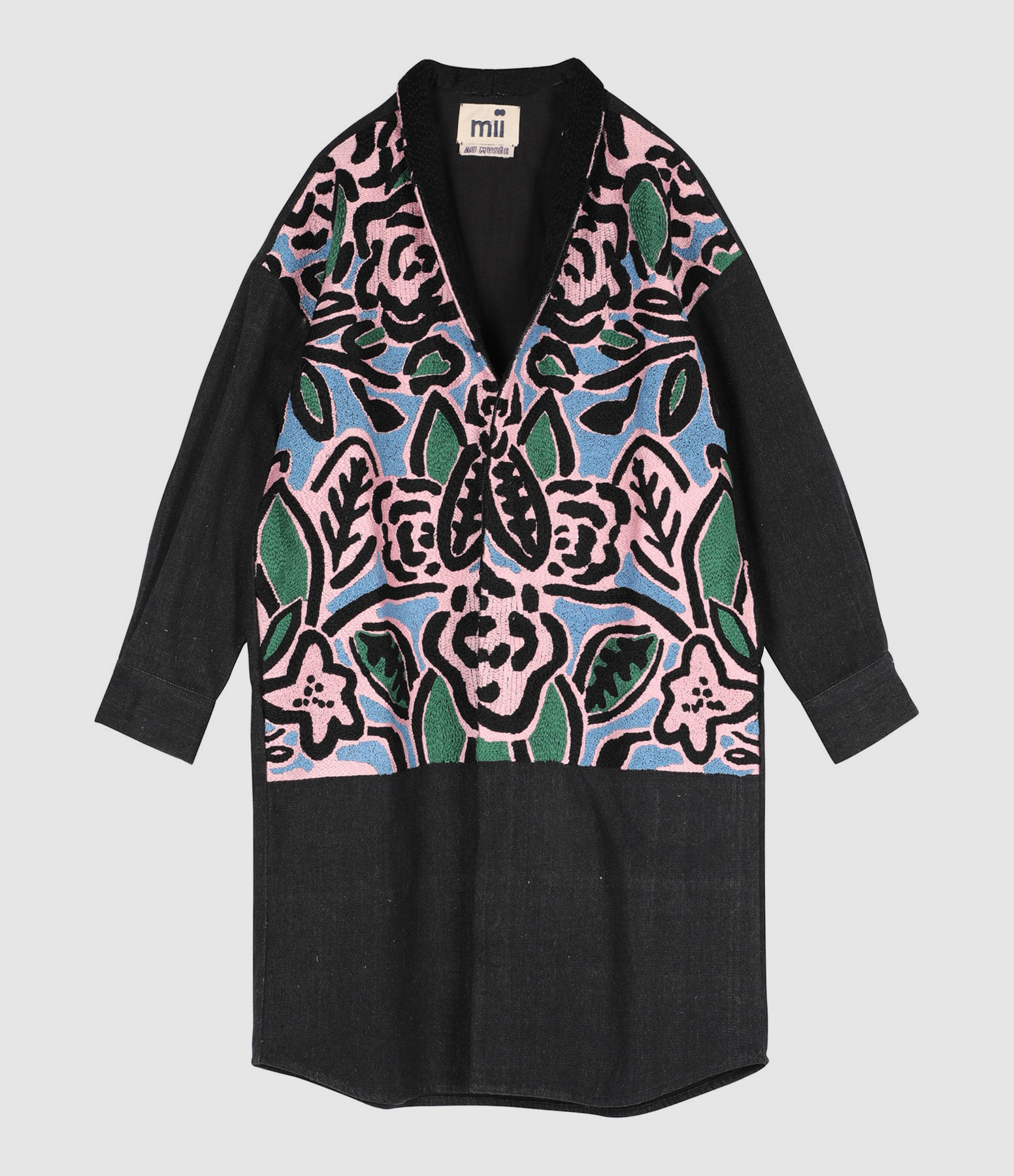 Manteau Long Uma Coton Broderie Noir Multicolore