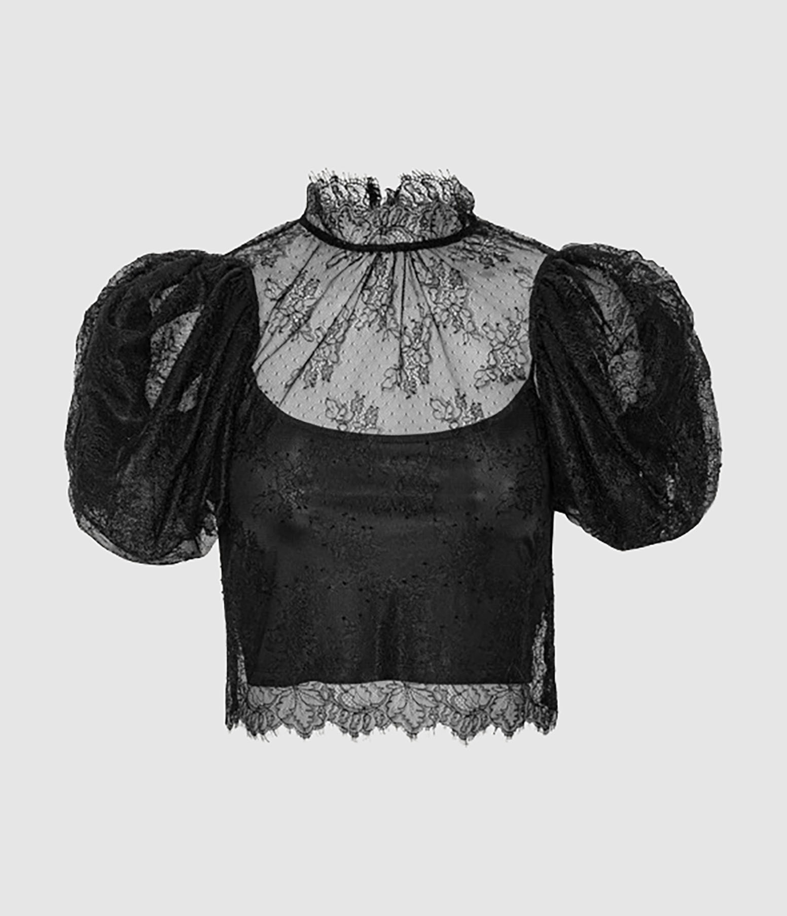 Top Lace Puff Sleeve Black