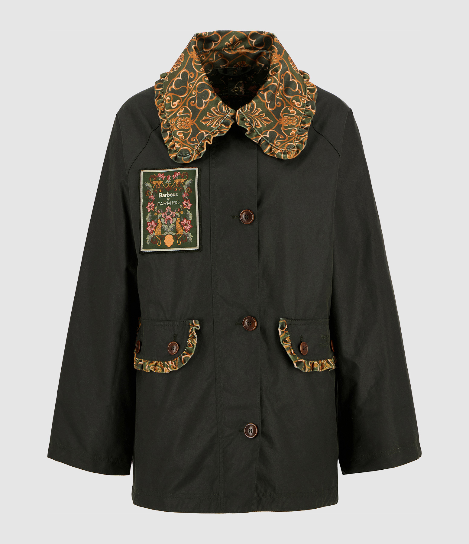 Veste Maria-Clara Wax  Fern Green Heart Print, Collaboration Barbour x Farm Rio