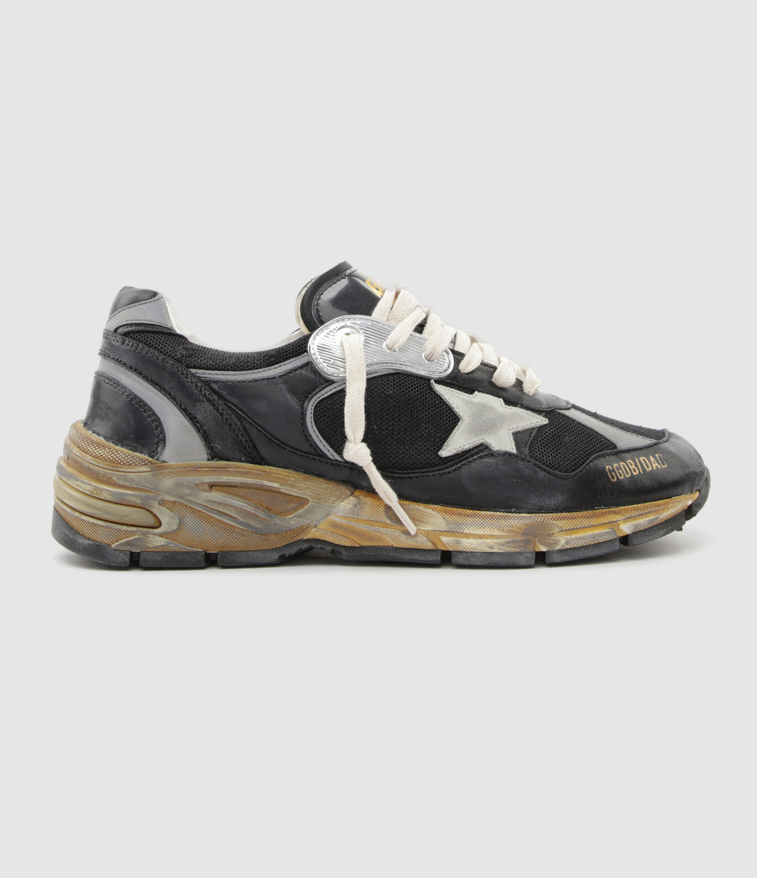 GOLDEN GOOSE - Baskets Running Dad Cuir Noir Argenté