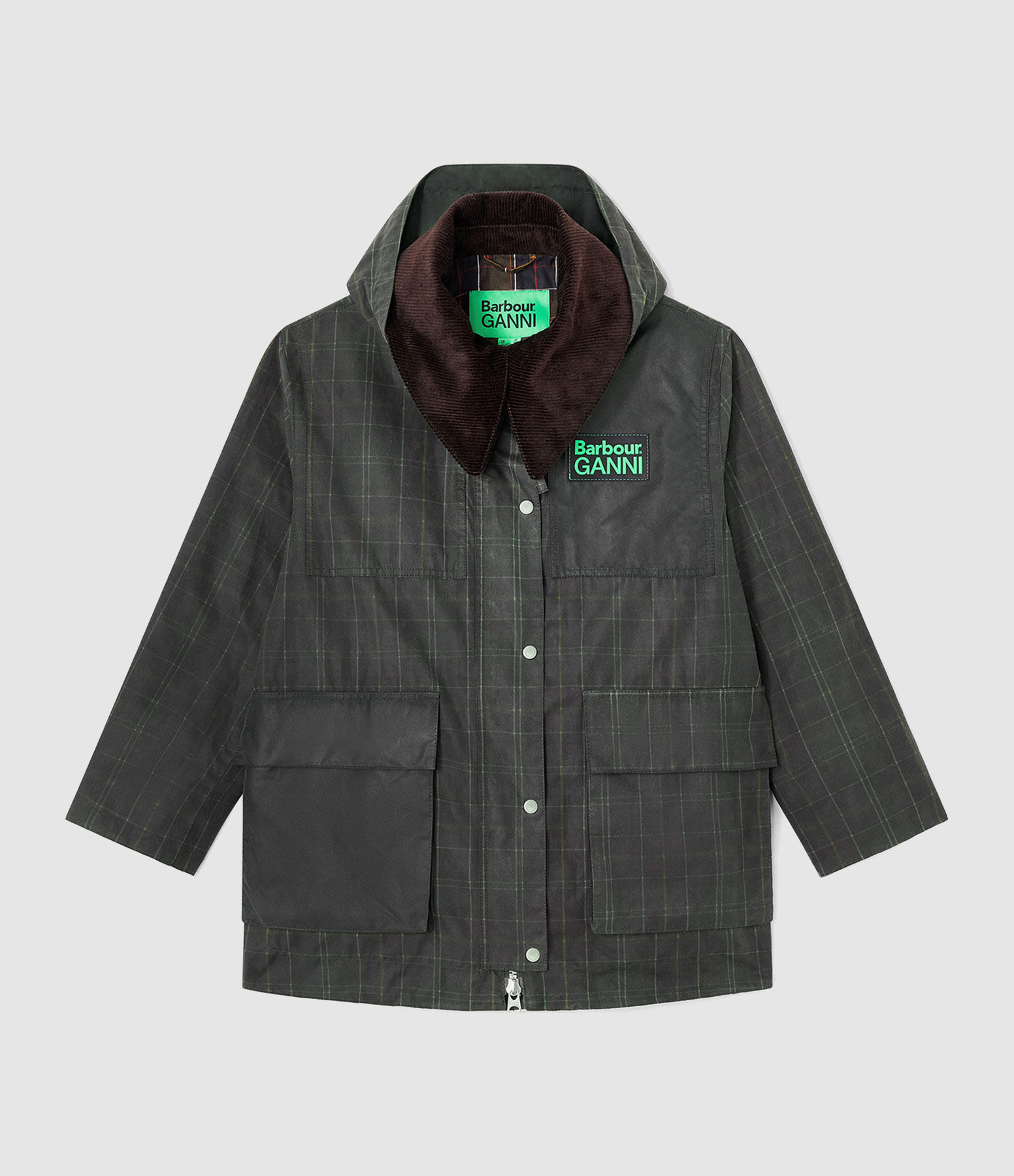 Veste Ganni Hooded Duffle Wax Classic Tartan Fern, Collaboration Barbour X Ganni