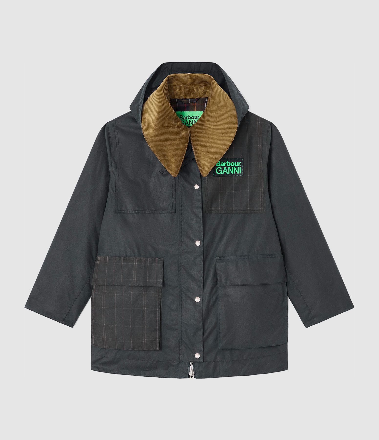 Veste Ganni Hooded Duffle Wax Navy Classic Tartan, Collaboration Barbour X Ganni