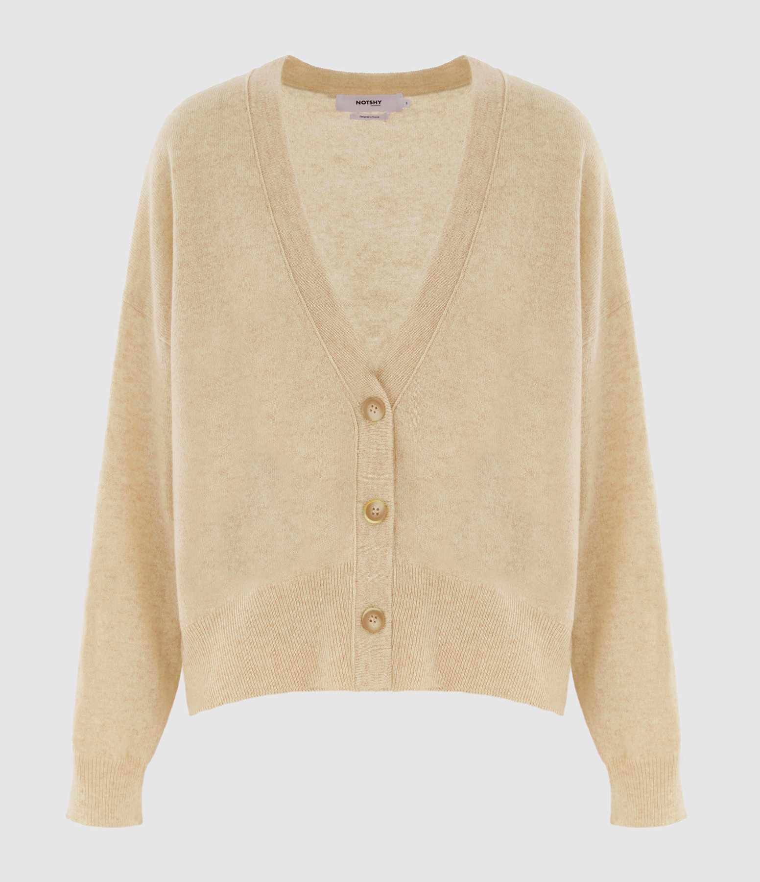 Cardigan Manille Col V Cachemire Beige Chiné