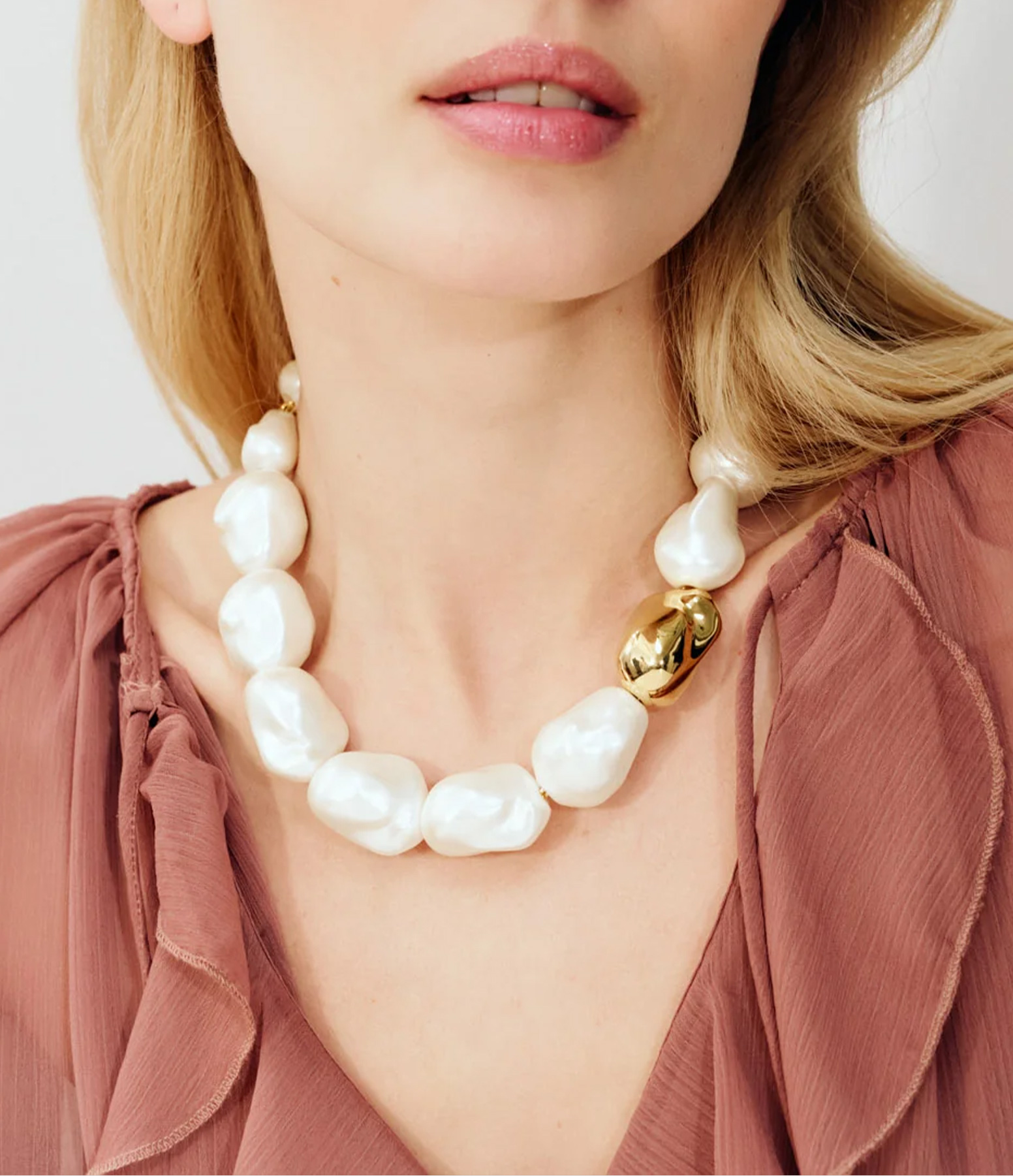 Collier Court Big Organic Pearl Perle Doré