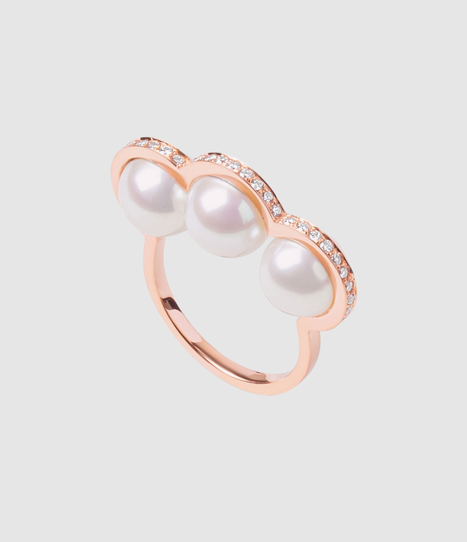 Bague Réserve Trois Perles de Culture Or Rose Diamants