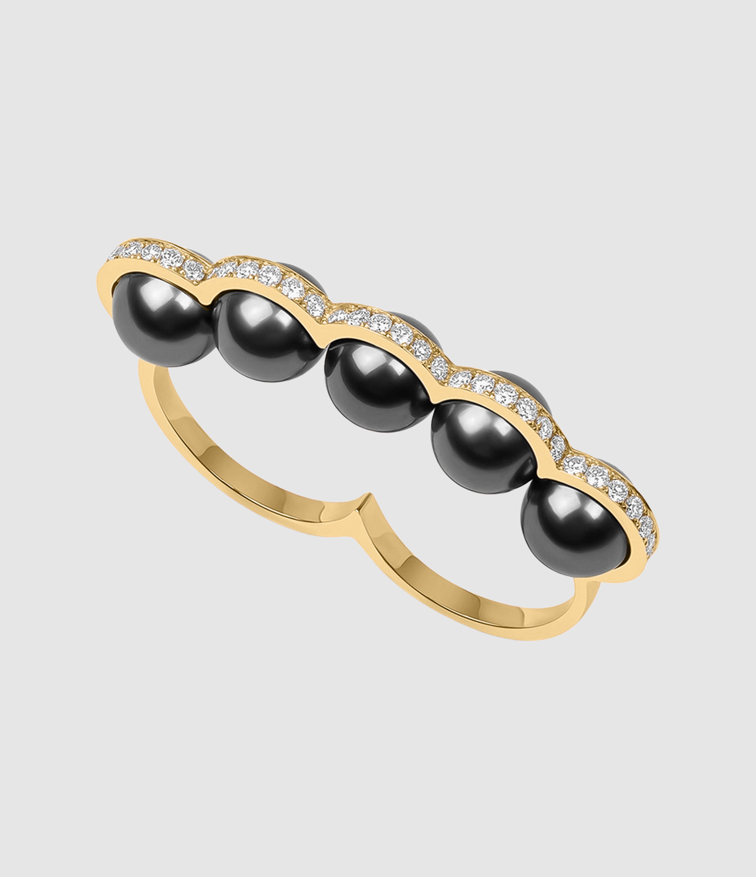 Bague Sporting Cinq Perles de Tahiti Or Jaune Diamants