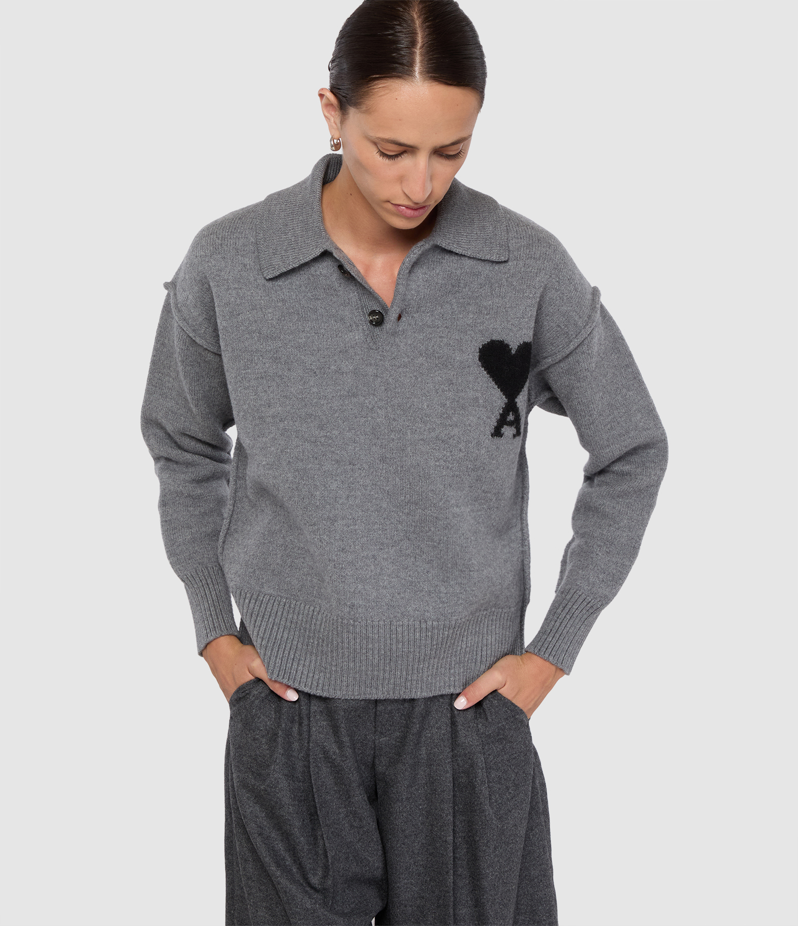 Polo Ami De Coeur Gris Cendre Chine Noir