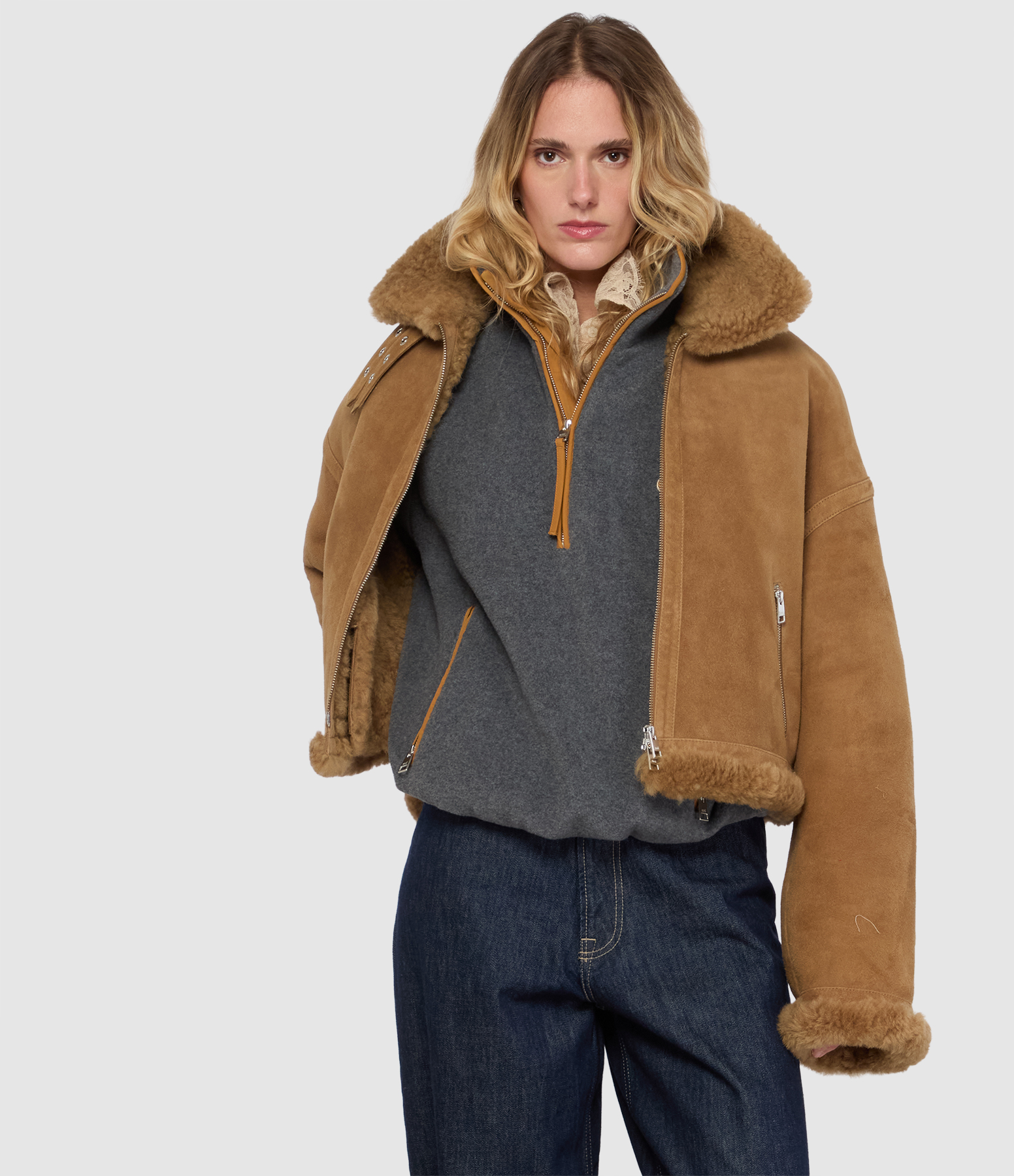 Blouson Cuir Aviator Beige Mastic