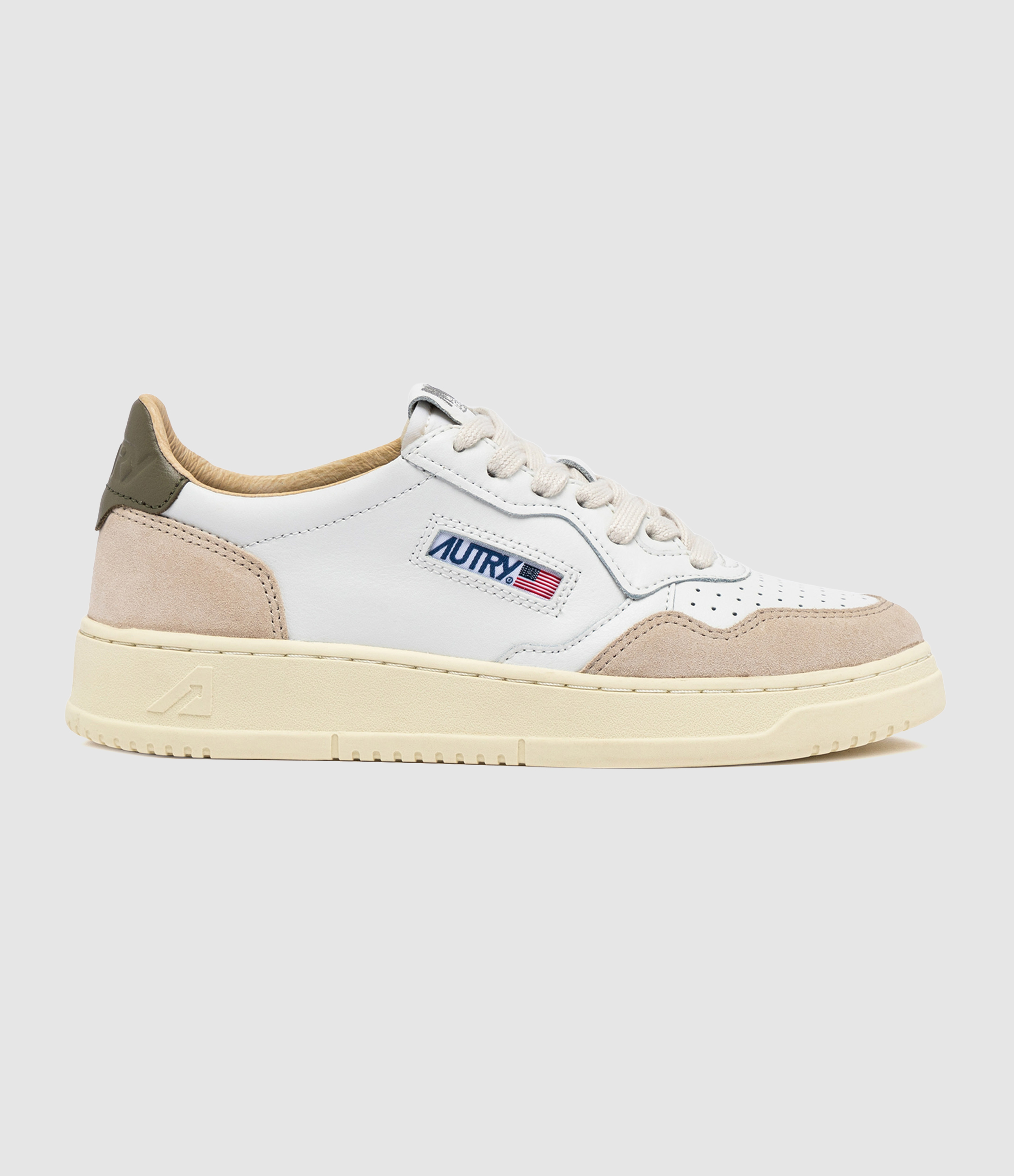 Baskets Medalist Cuir Blanc, Beige, Militaire