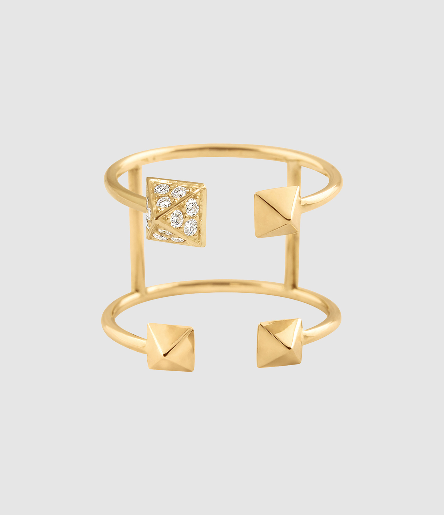 Bague Ouverte Pyramide Double Corps Diamants Or Jaune