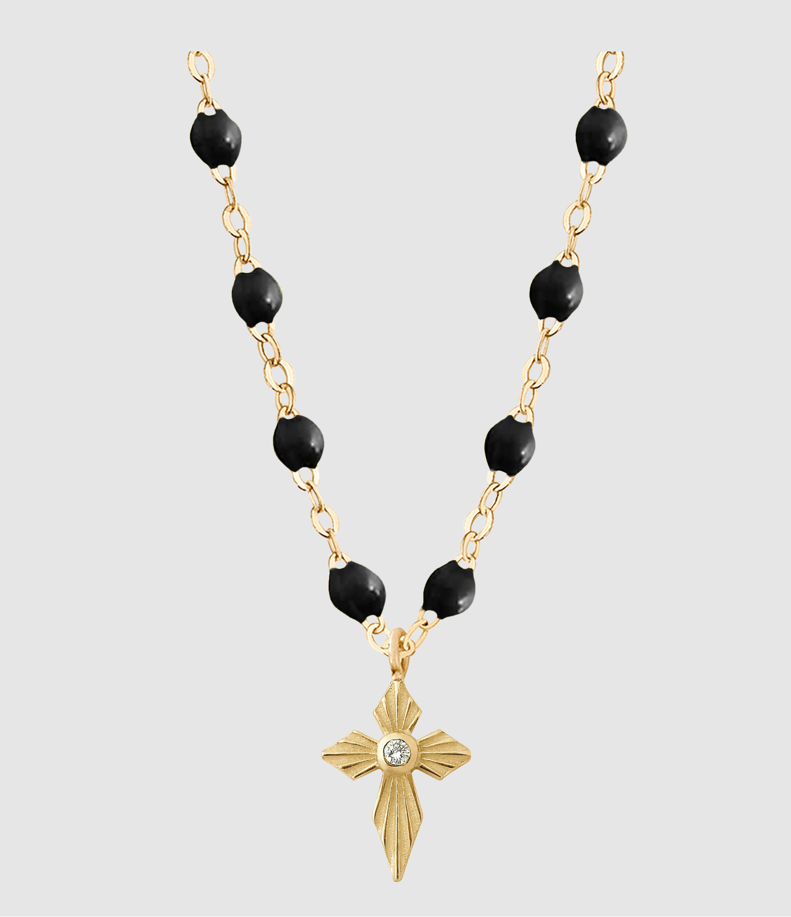 Collier Perles Résine Croix Lumière Or