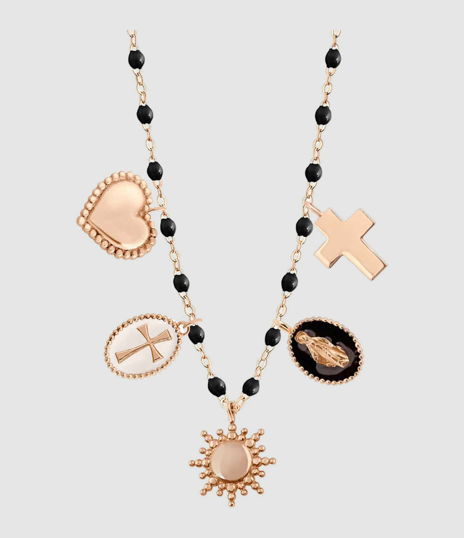 Collier Madone Croix Soleil Résine Noir Or Rose, Exclusivité Lulli