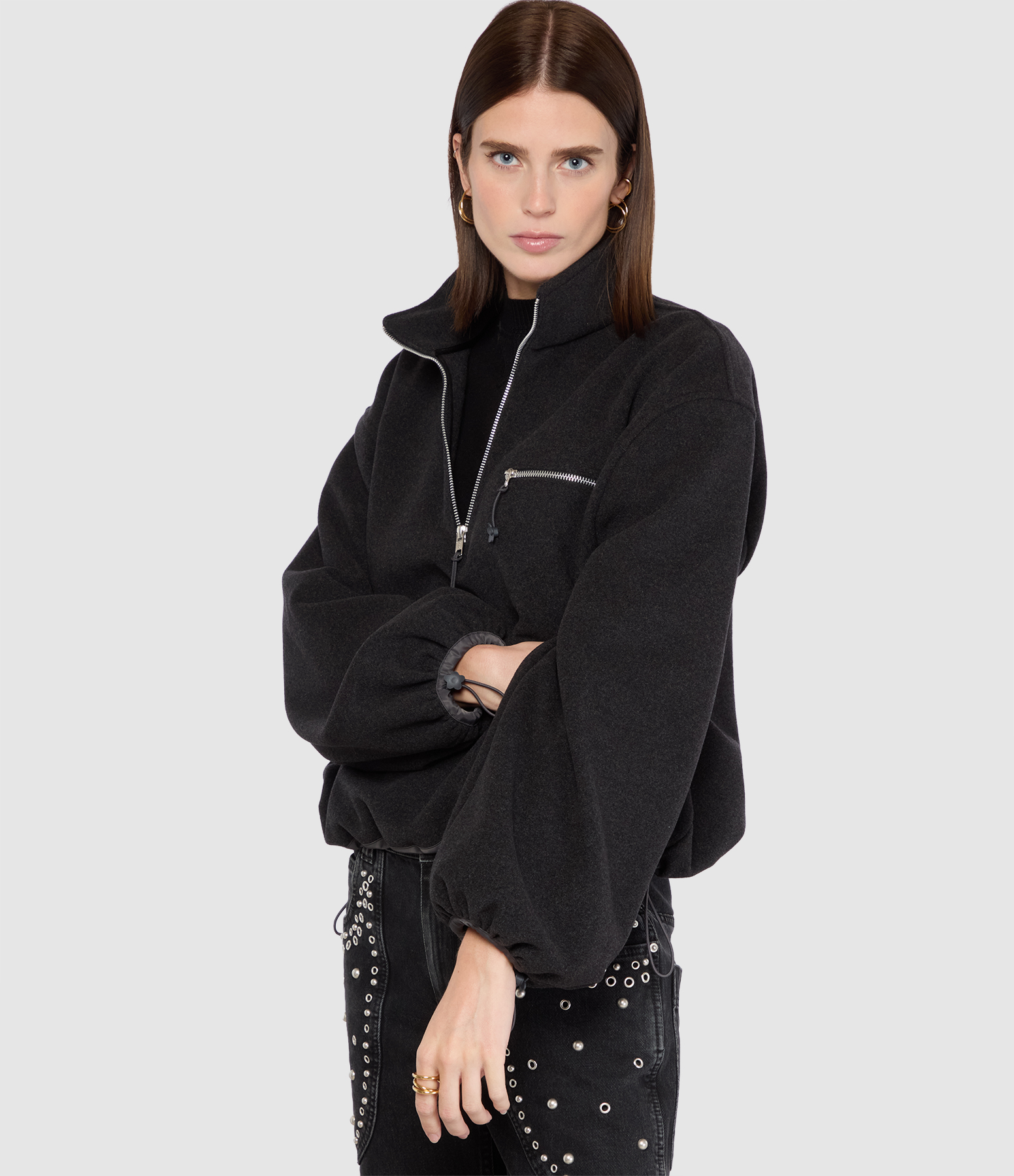 Veste Frederik Half-Zip Wool Felt Charcoal Grey